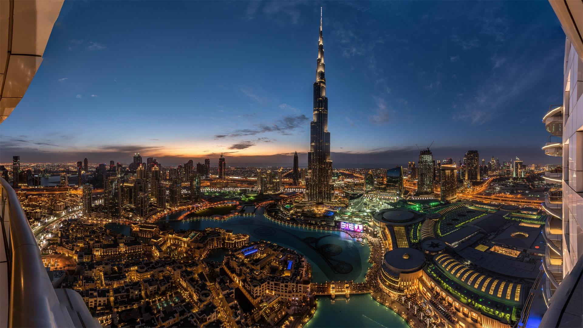 cityscape, 1080P, sunset, Dubai, city lights, building, Burj Khalifa, city, skyscraper, HD Wallpaper