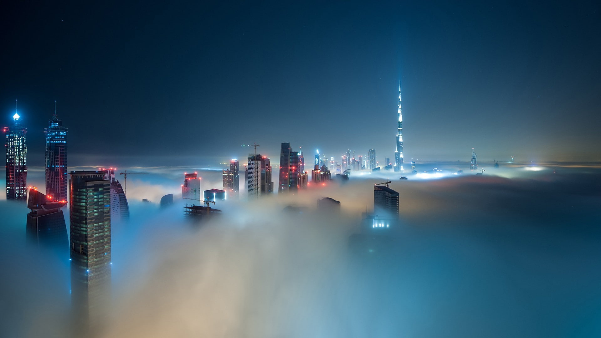skyscraper, cityscape, Dubai, Burj Khalifa, 1080P, city, night, mist, clouds, building, HD Wallpaper