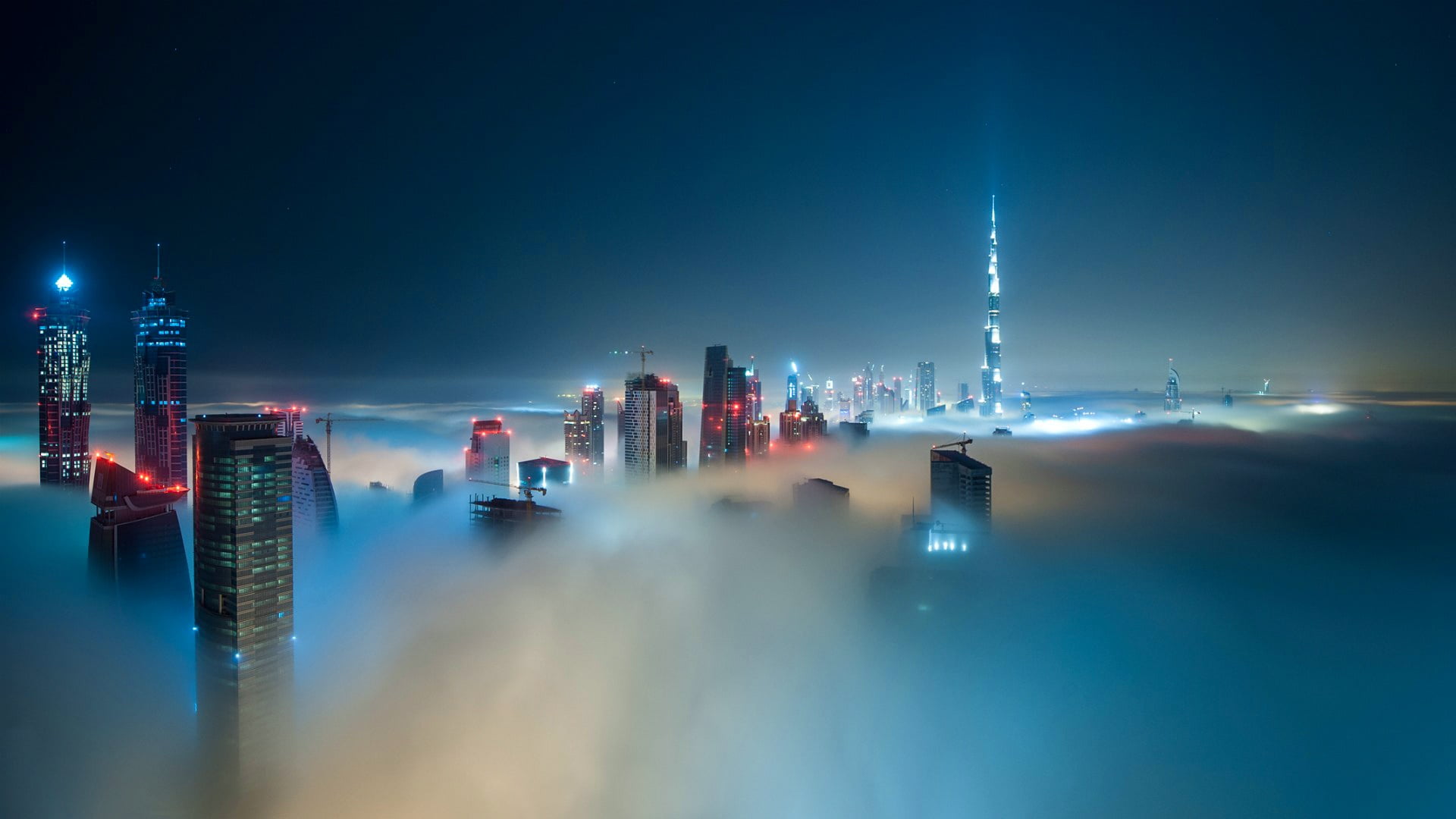 1080P, building, mist, foggy, landscape, clouds, dubai, cityscape, tall - high, misty, illuminated, water, skyscraper, architecture, building exterior, HD Wallpaper