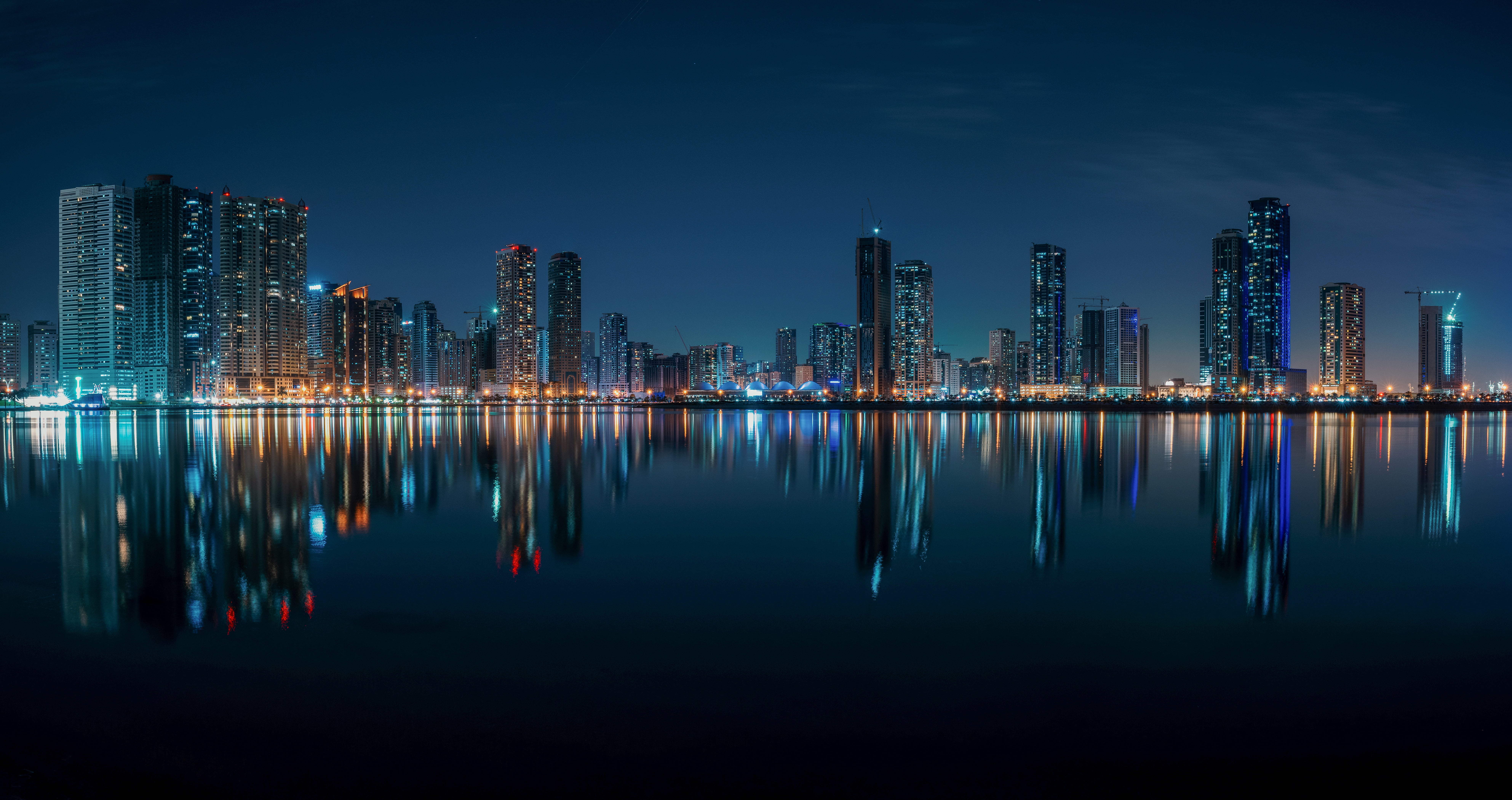 Sharjah, Persian Gulf, home, water, The Persian Gulf, night city, reflection, building, UAE, skyscrapers, 8K, HD Wallpaper