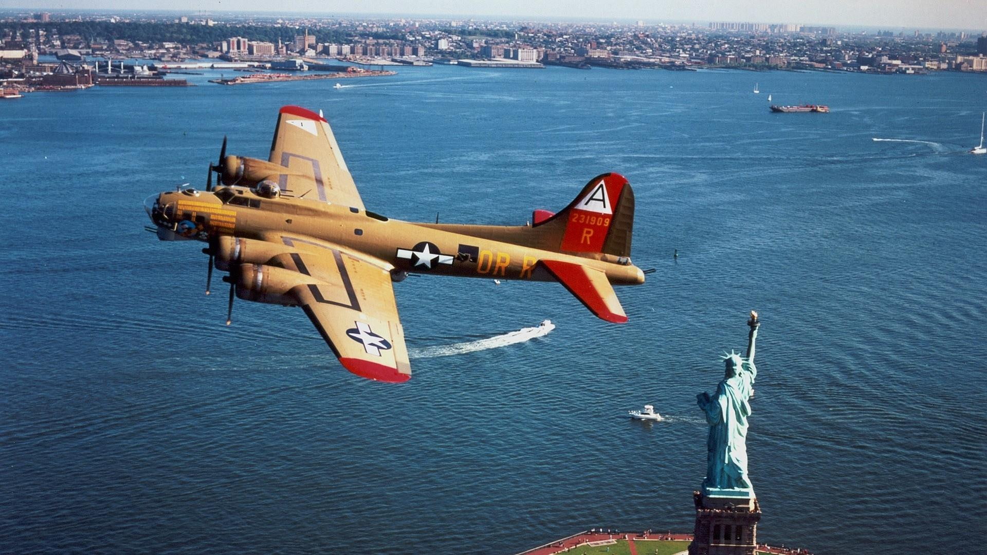 liberty, bomber, b, statue, 1080P, beige, aircraft planes, fortress, jet, red, plane, flying, HD Wallpaper