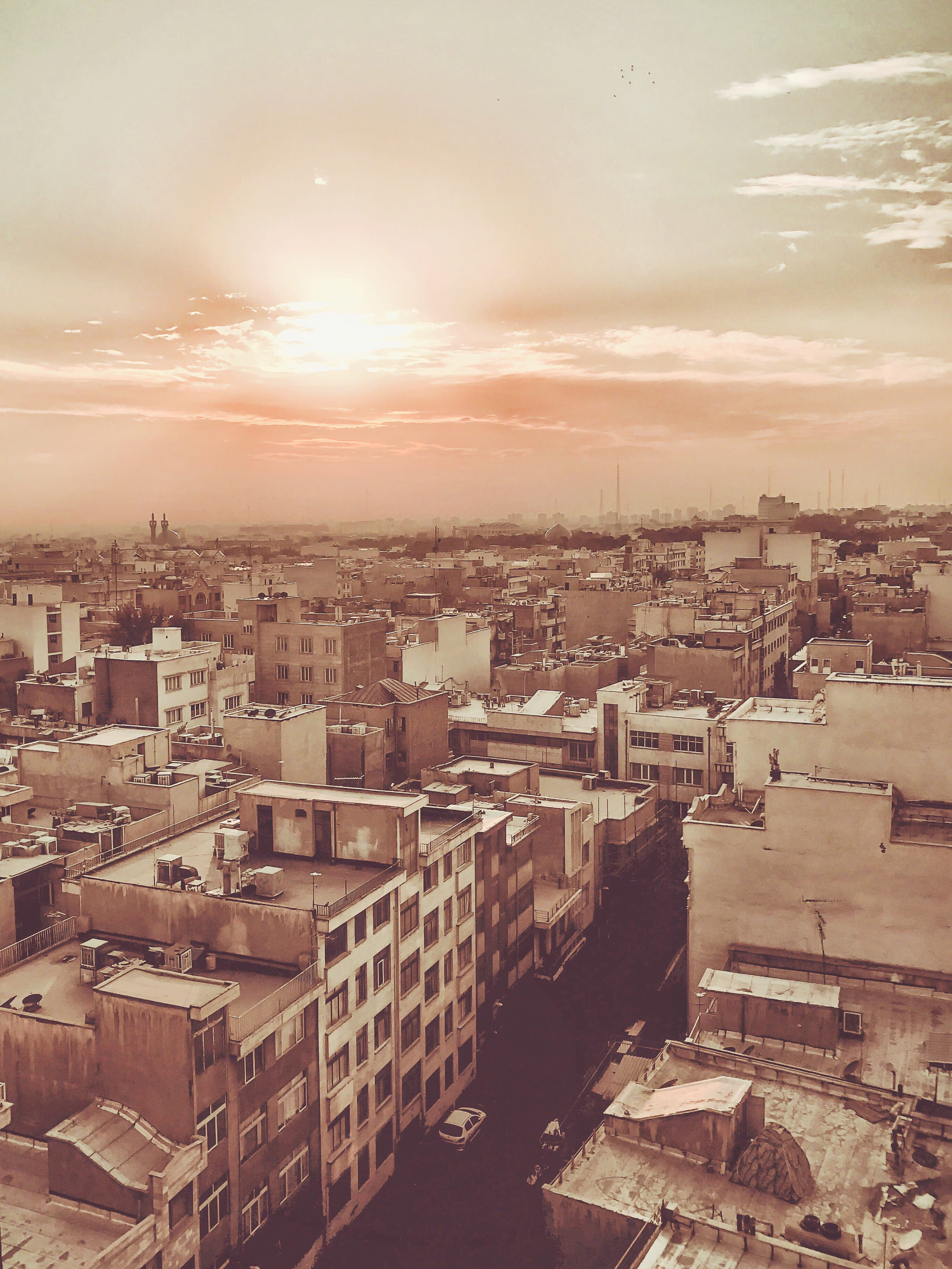 settlement, apartment, outdoors, tehran province, city life, sunset, sky, built structure, 2K, sun, cityscape, city, residential district, sunrise, high angle view, Phone HD Wallpaper