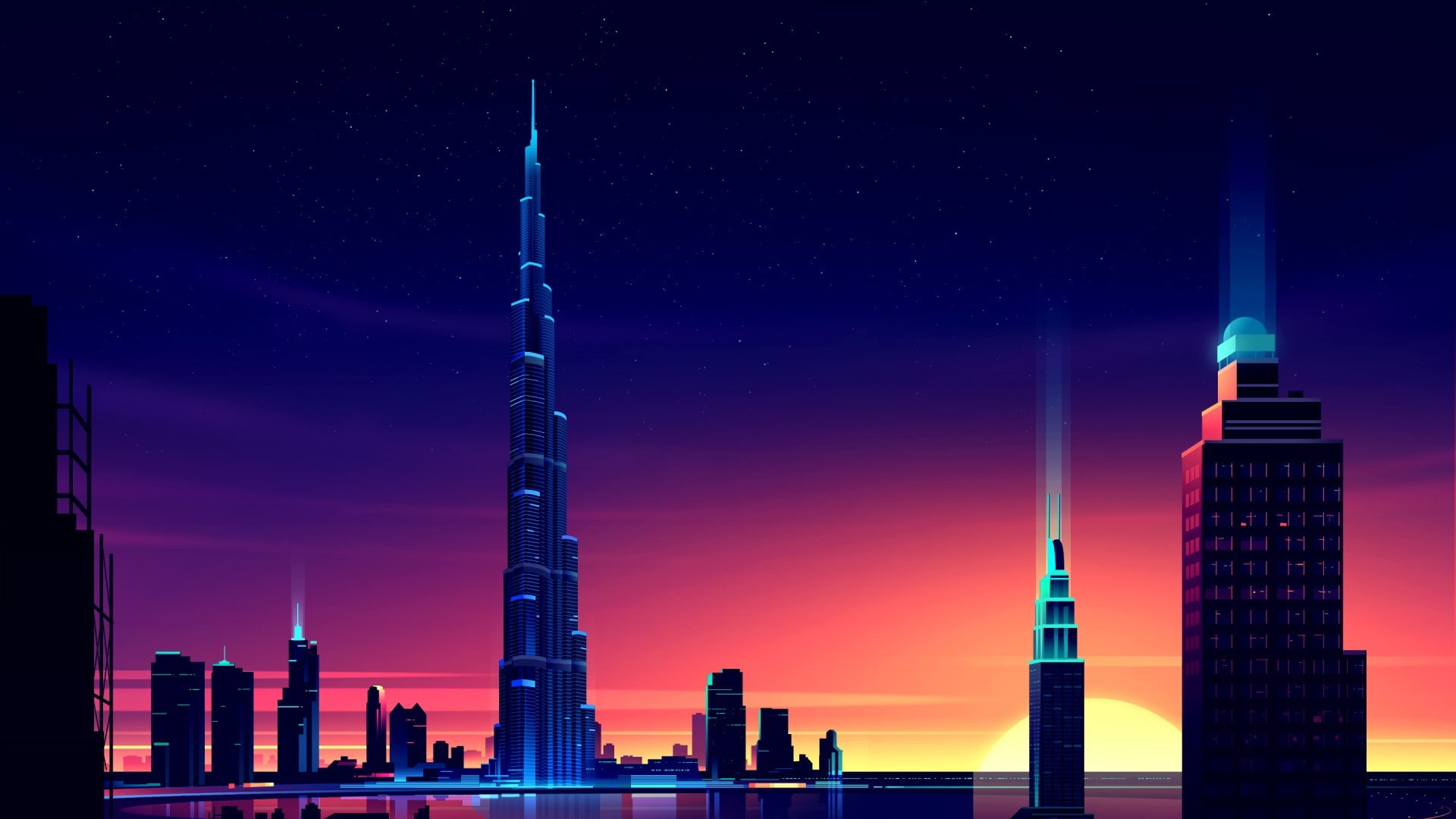 1080P, Burj Khalifa, pixels, night, Dubai, cityscape, colorful, skyscraper, HD Wallpaper
