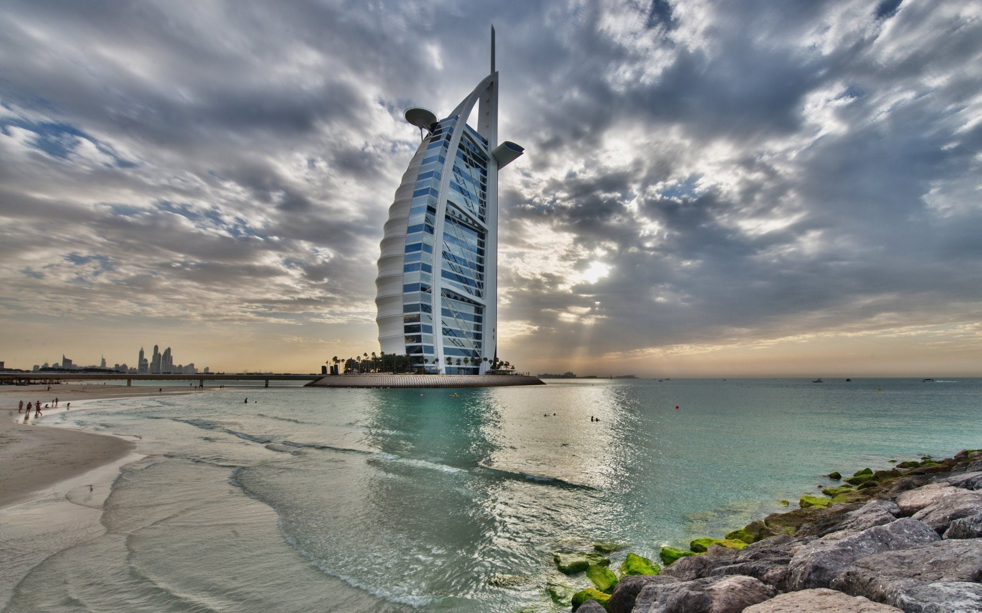 Building, Sea, Dubai, Rock, Beach, 1080P, Burj Al Arab, Buildings, United Arab Emirates, HD Wallpaper