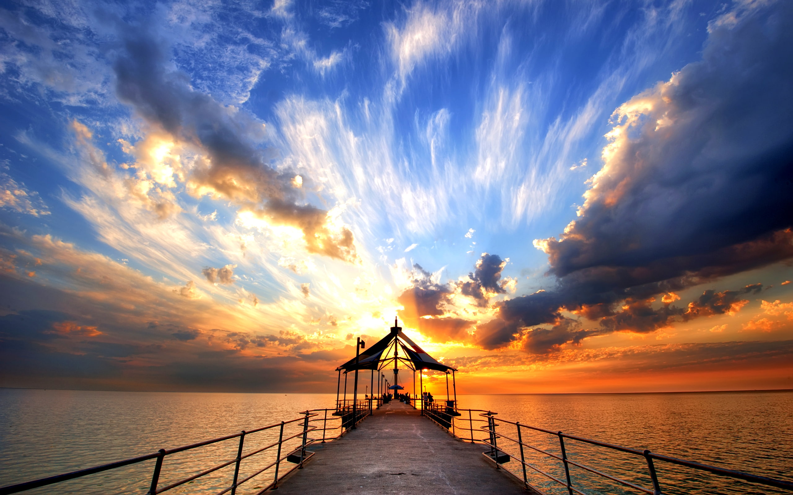 beige, photography, pier, 2K, sky, sea, dock, sunset, HD Wallpaper