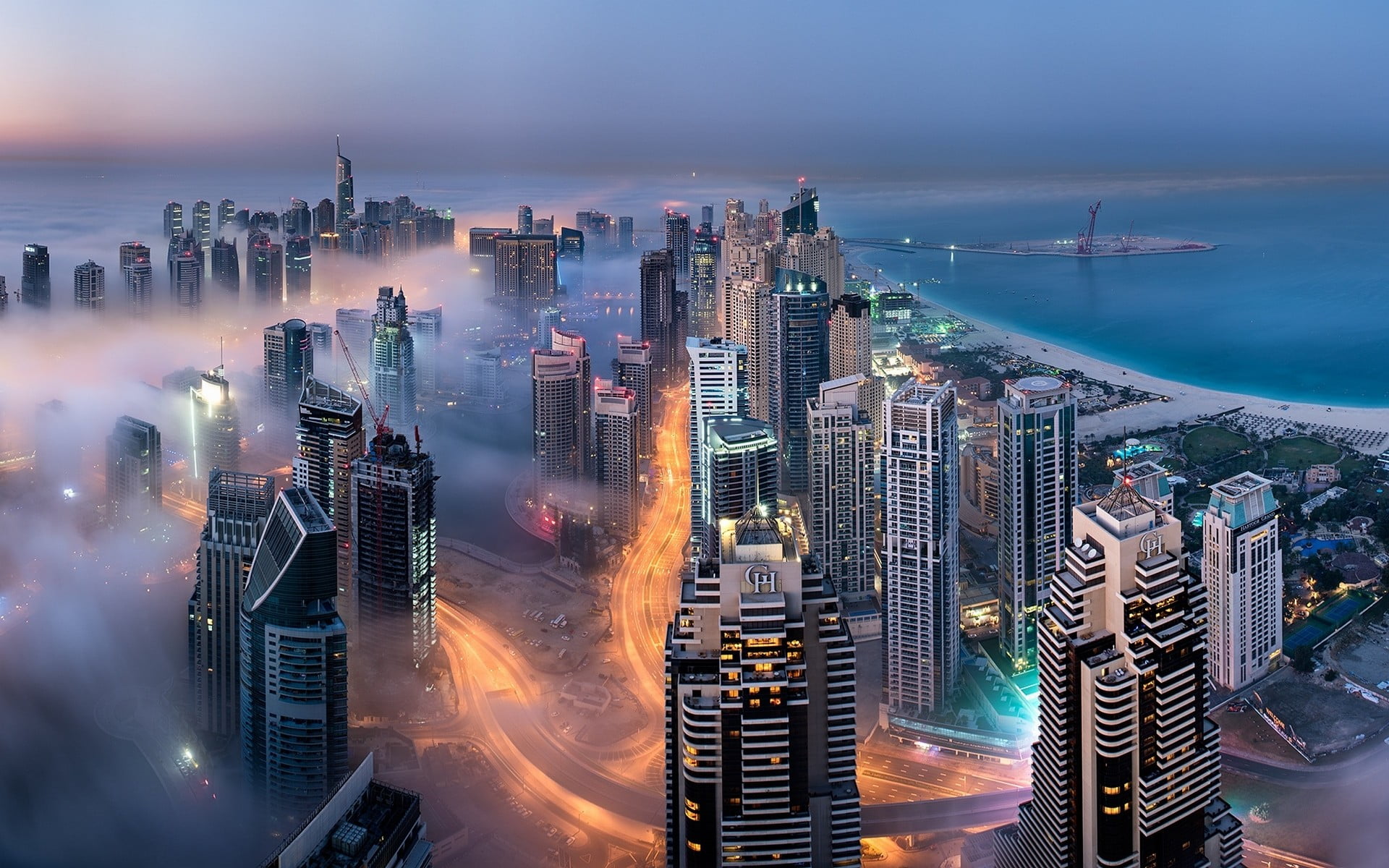 sea, building, illuminated, cityscape, sky, bay, nature, Dubai, gray, landscape, tall - high, built structure, modern, city, 1080P, office building exterior, HD Wallpaper
