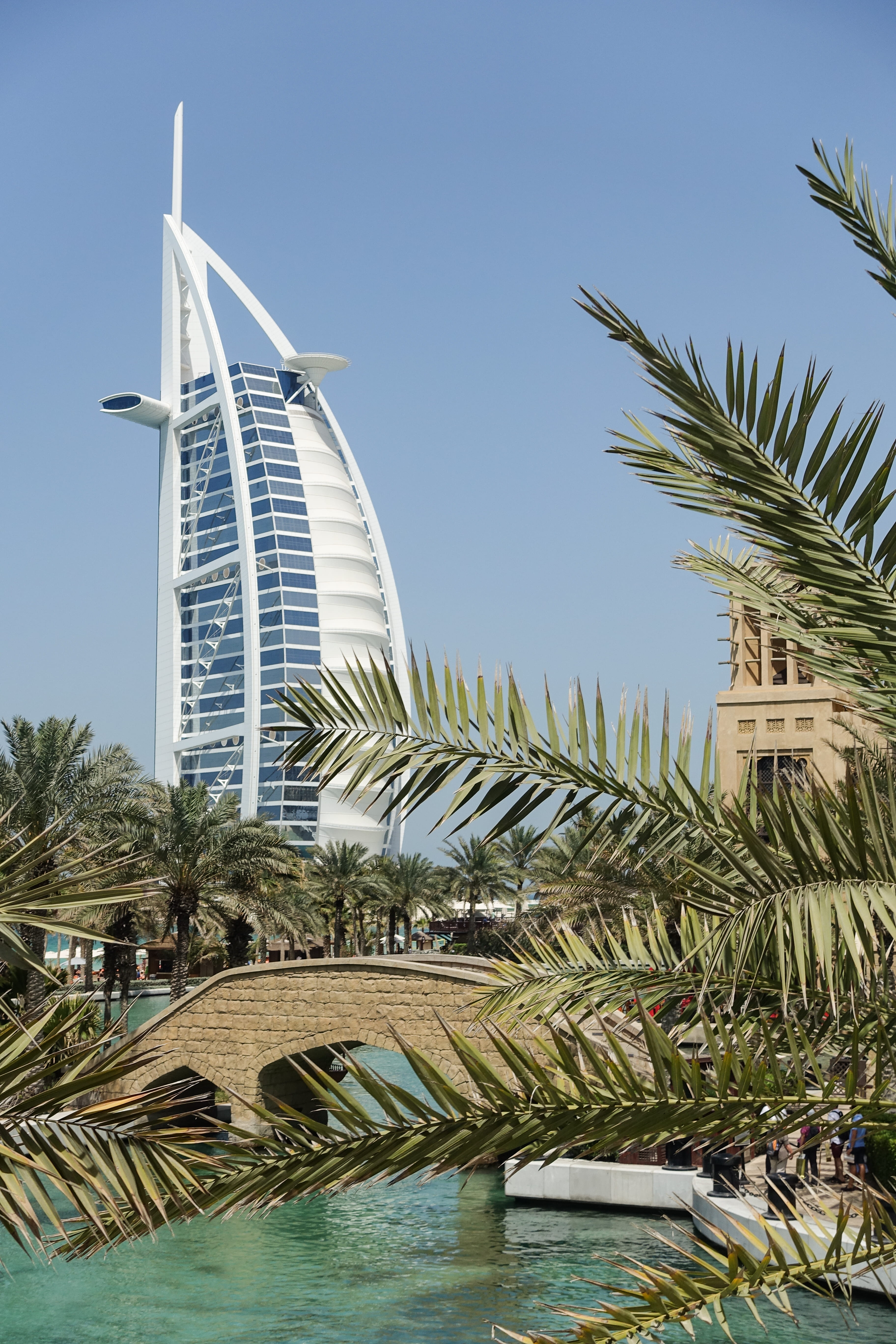 burj al arab, built structure, burj al arab jumeirah, clear sky, hotel, outdoors, heat, nature, no people, swimming pool, plant, tree, travel, souk, city, Phone HD Wallpaper