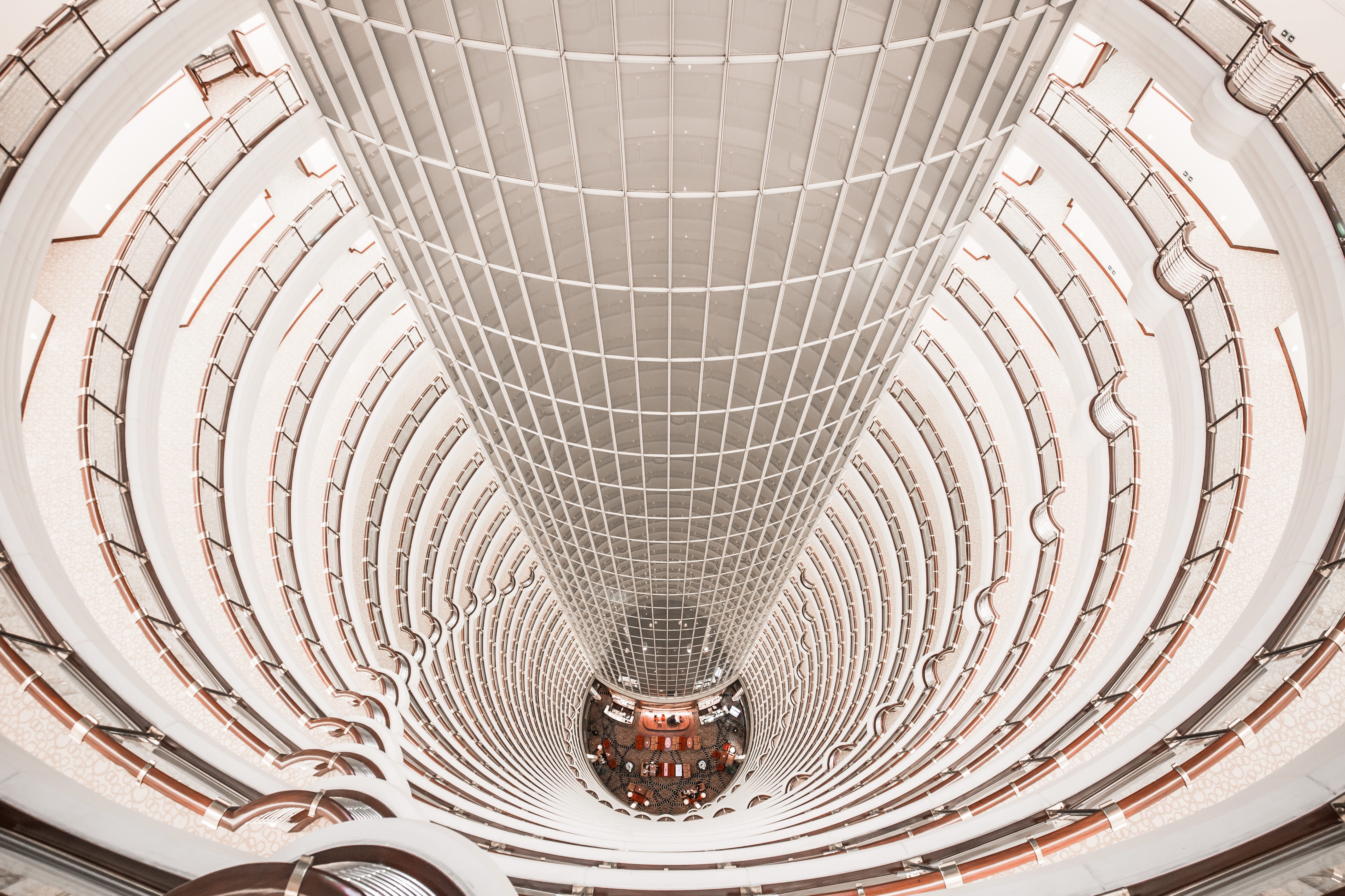 architectural feature, pattern, design, concentric, ornate, built structure, shape, luxury, circle, indoors, skyscraper, modern, curve, no people, perspective, HD Wallpaper