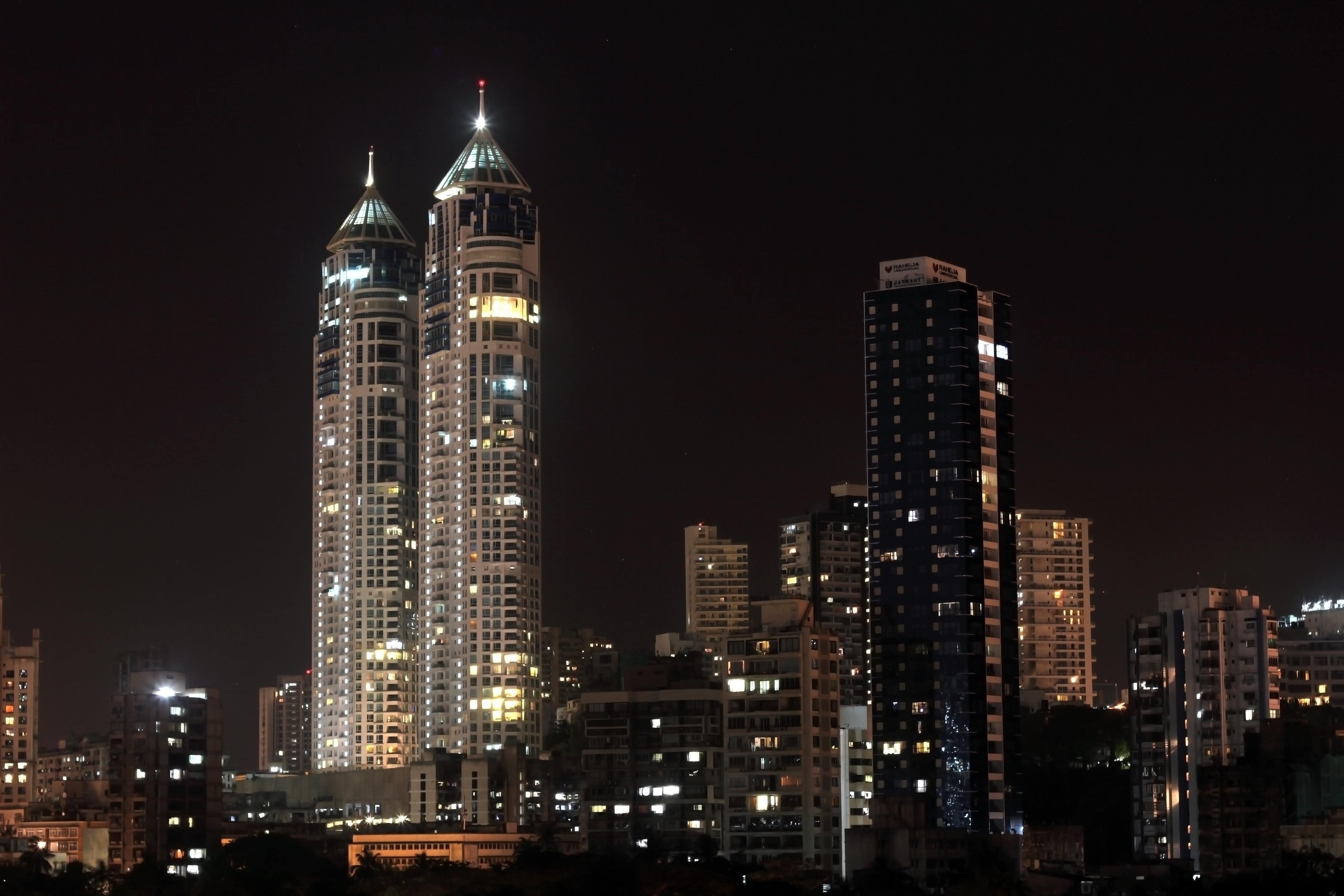 city life, modern, downtown, residential district, tall - high, nightlife, office building exterior, 5K, haji ali, illuminated, high-rise, built structure, HD Wallpaper