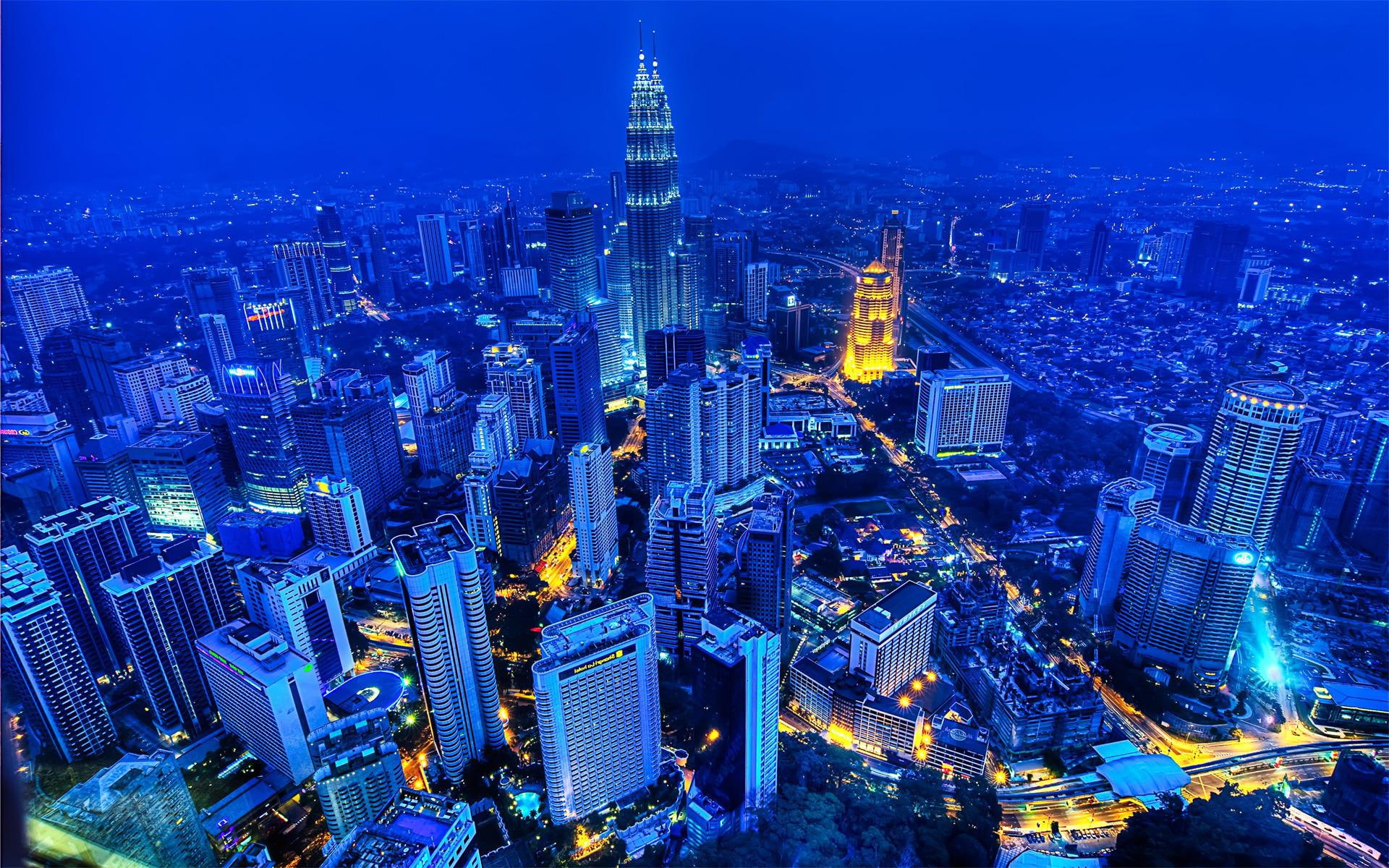 cityscape, city, skyscraper, Malaysia, night, Petronas Towers, Kuala Lumpur, 1080P, HD Wallpaper