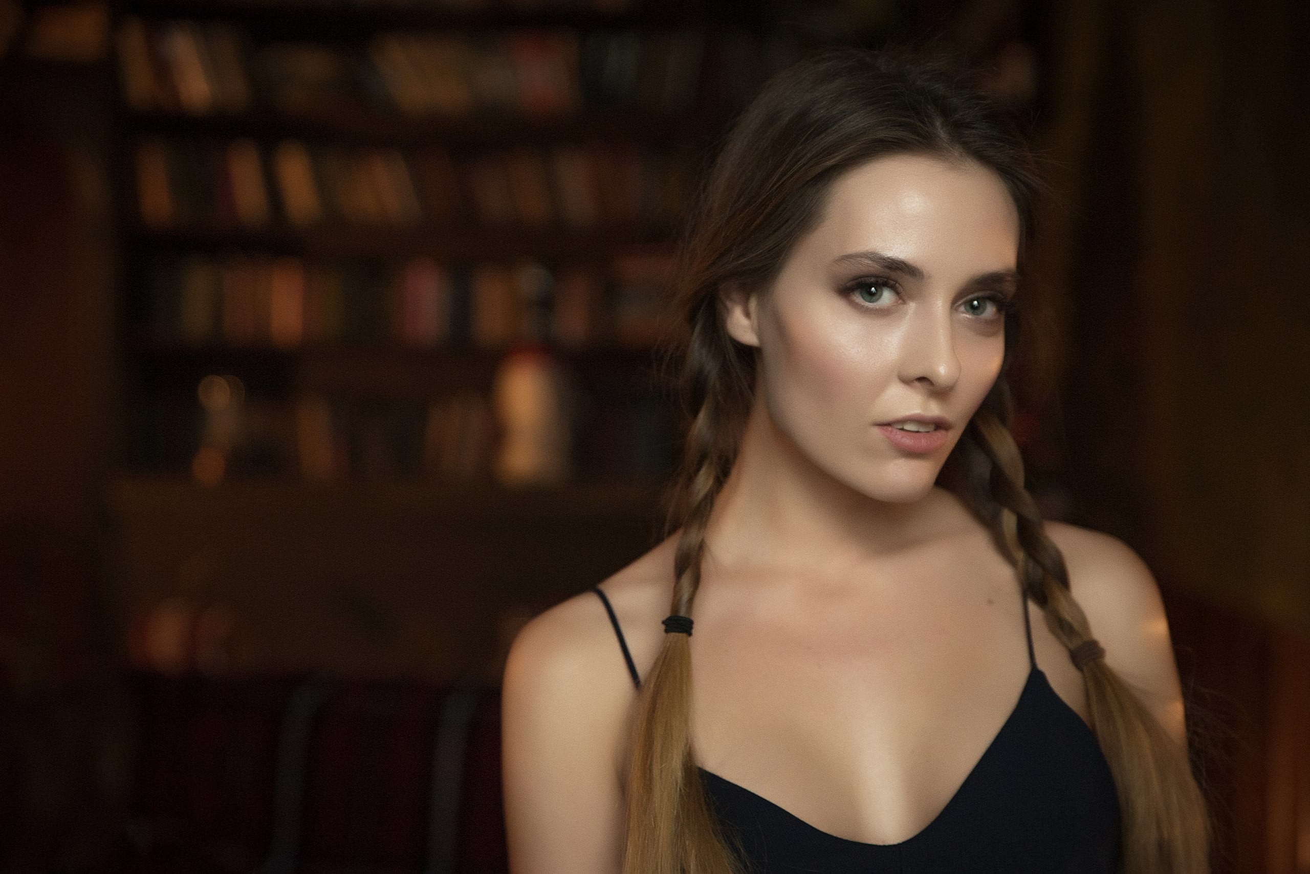 2K, front view, focus on foreground, Amina Katinova, looking at camera, face, pigtails, one person, women, indoors, hairstyle, contemplation, lifestyles, HD Wallpaper