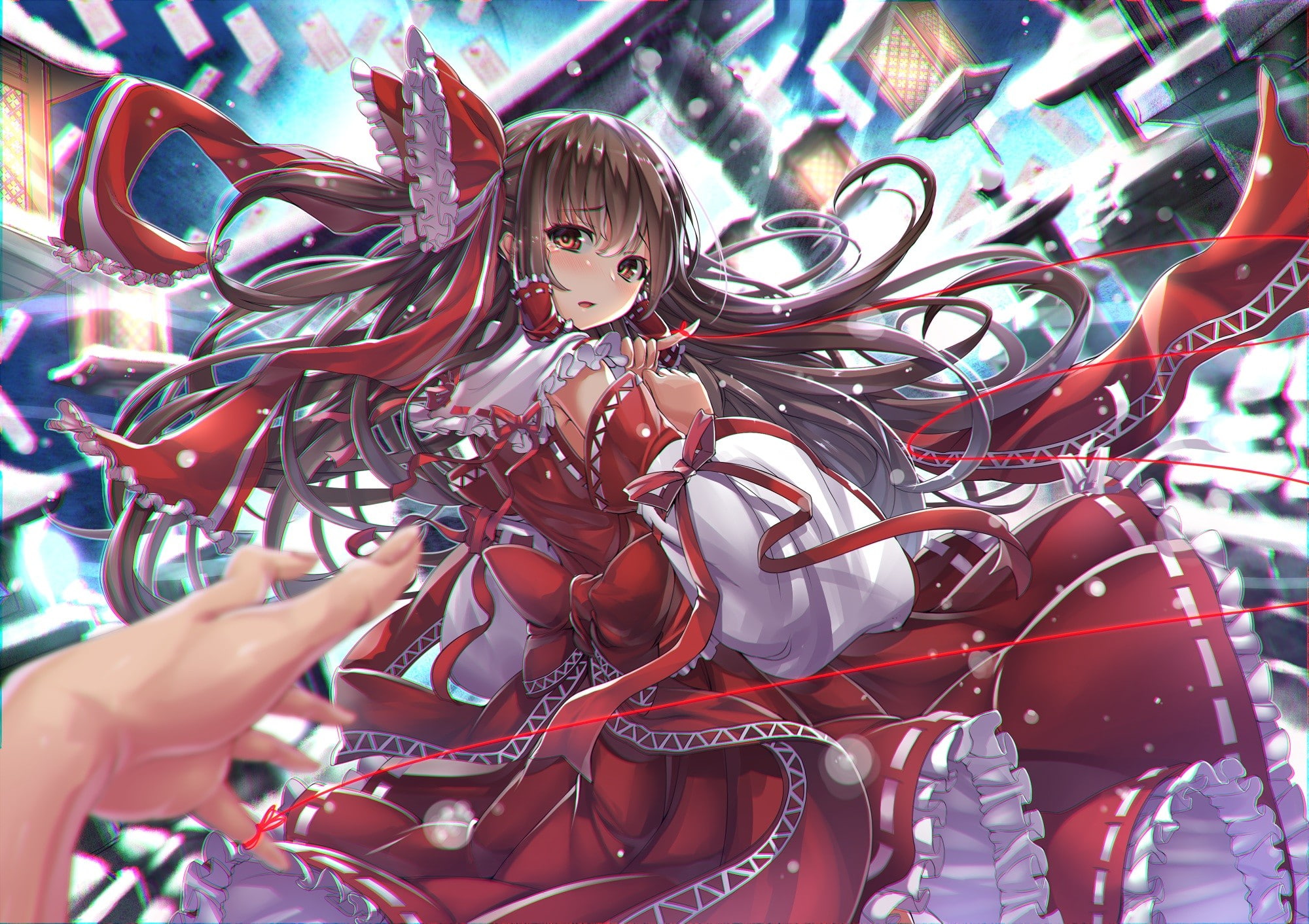 women, multi colored, tangled, art and craft, anime, decoration, real people, outdoors, anime girls, representation, miko, brunette, Hakurei Reimu, 1080P, HD Wallpaper