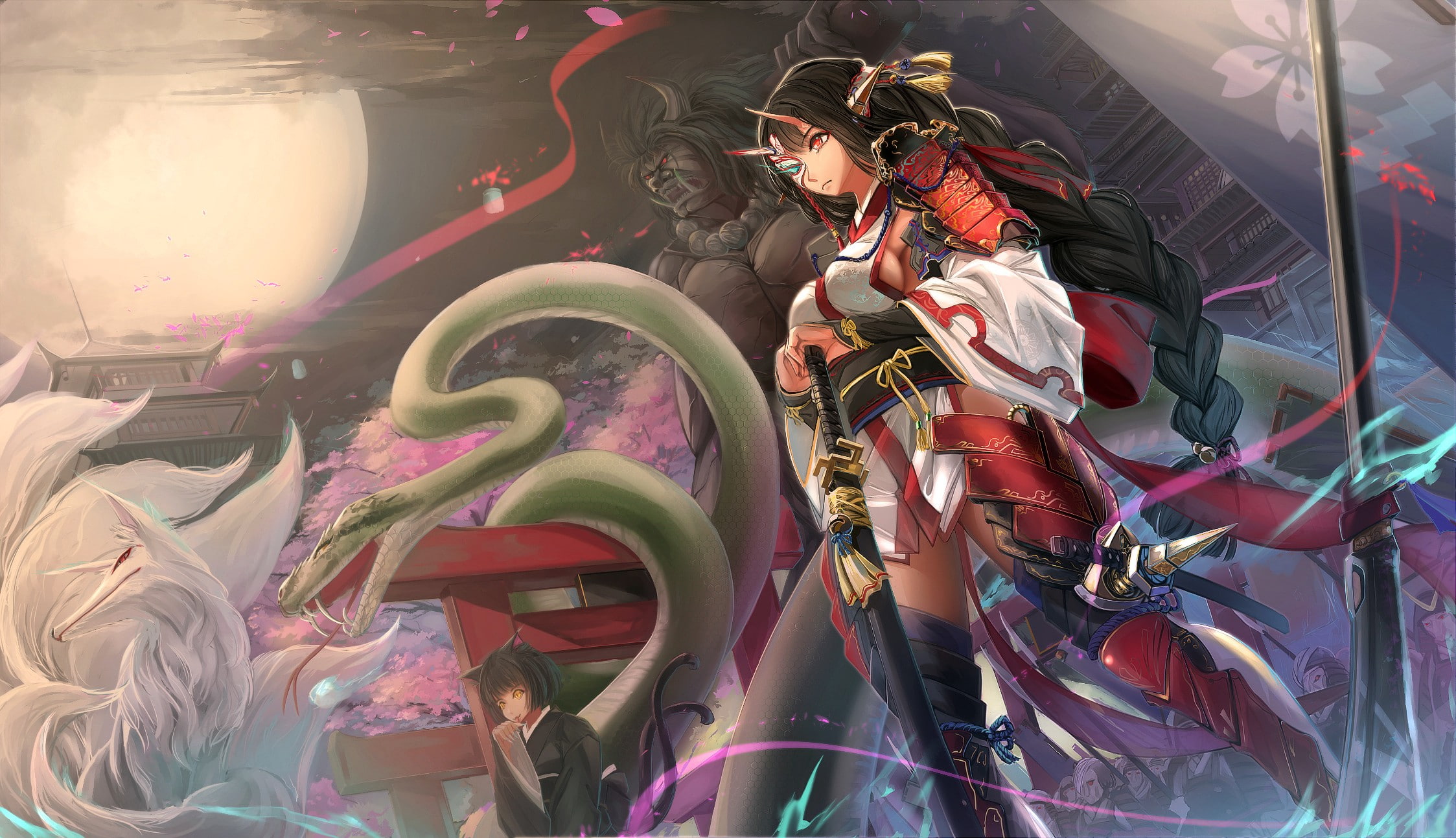 anime, sword, snake, armor, sideboob, original characters, samurai, anime girls, Braided hair, spear, nekomimi, 1080P, horns, fox, tail, HD Wallpaper