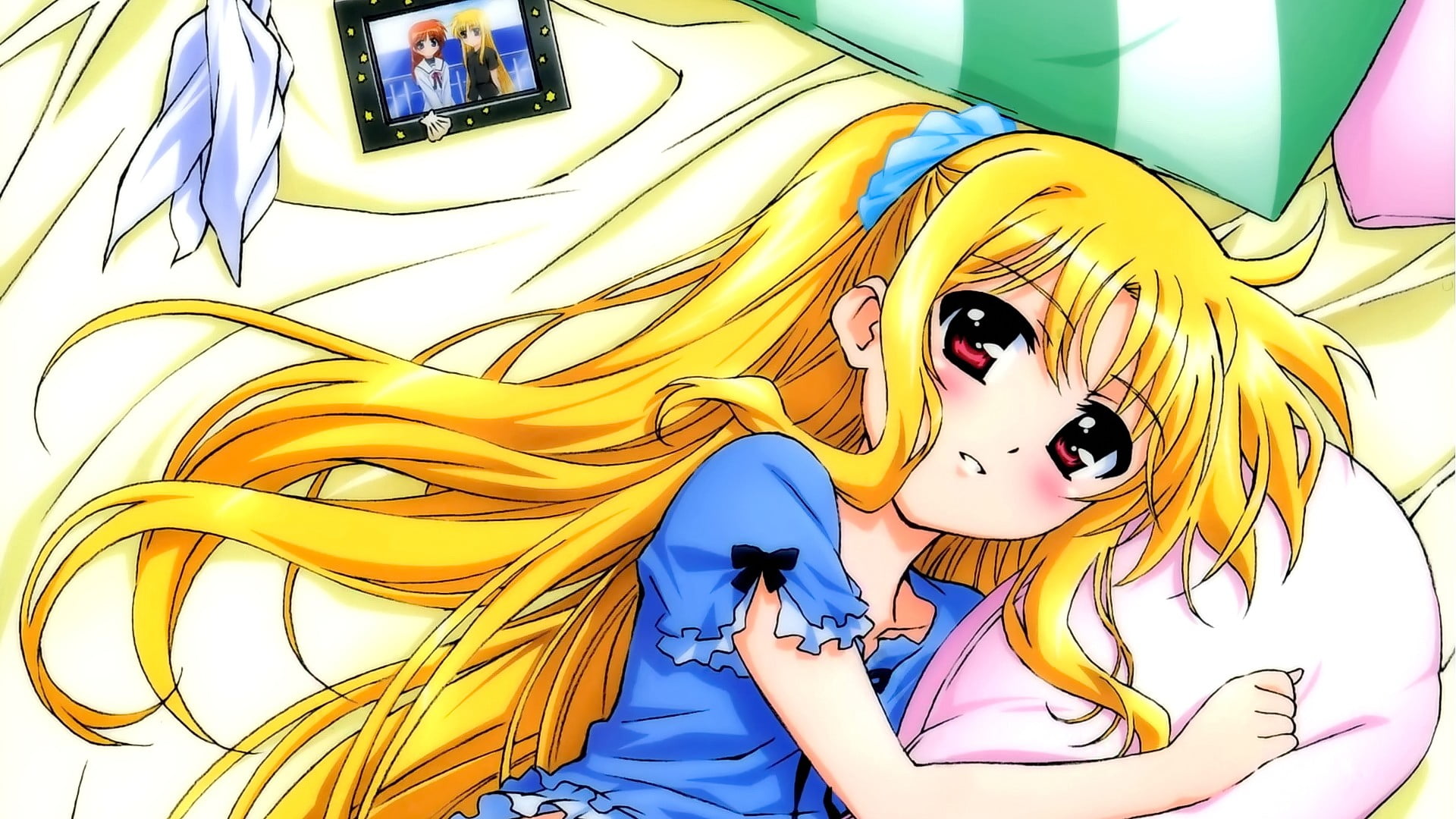 blonde, lifestyles, 1080P, smiling, in bed, looking at viewer, red eyes, women, male likeness, representation, creativity, Mahou Shoujo Lyrical Nanoha, HD Wallpaper