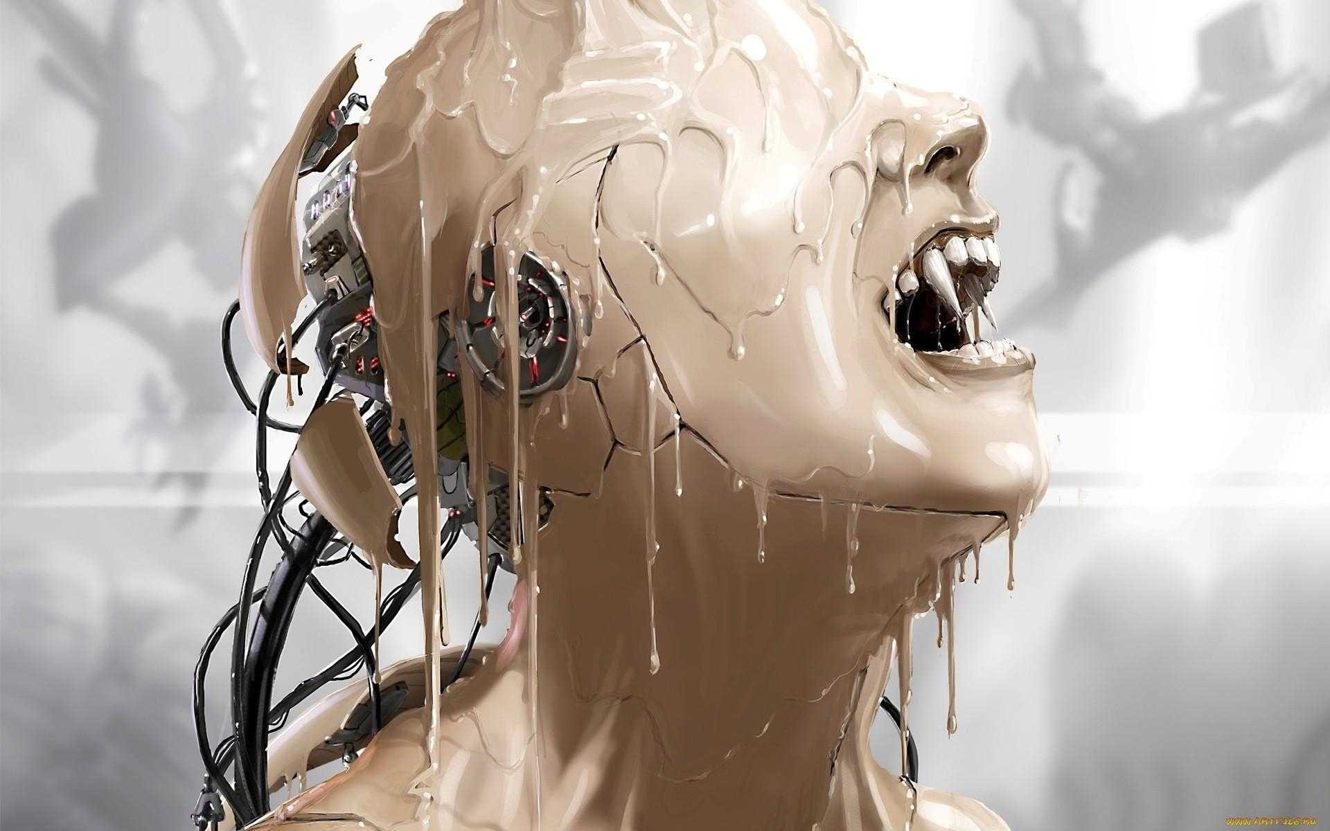 vampires, technology, cyborg, fantasy art, open mouth, women, wires, 1080P, head, robot, digital art, fangs, artwork, HD Wallpaper