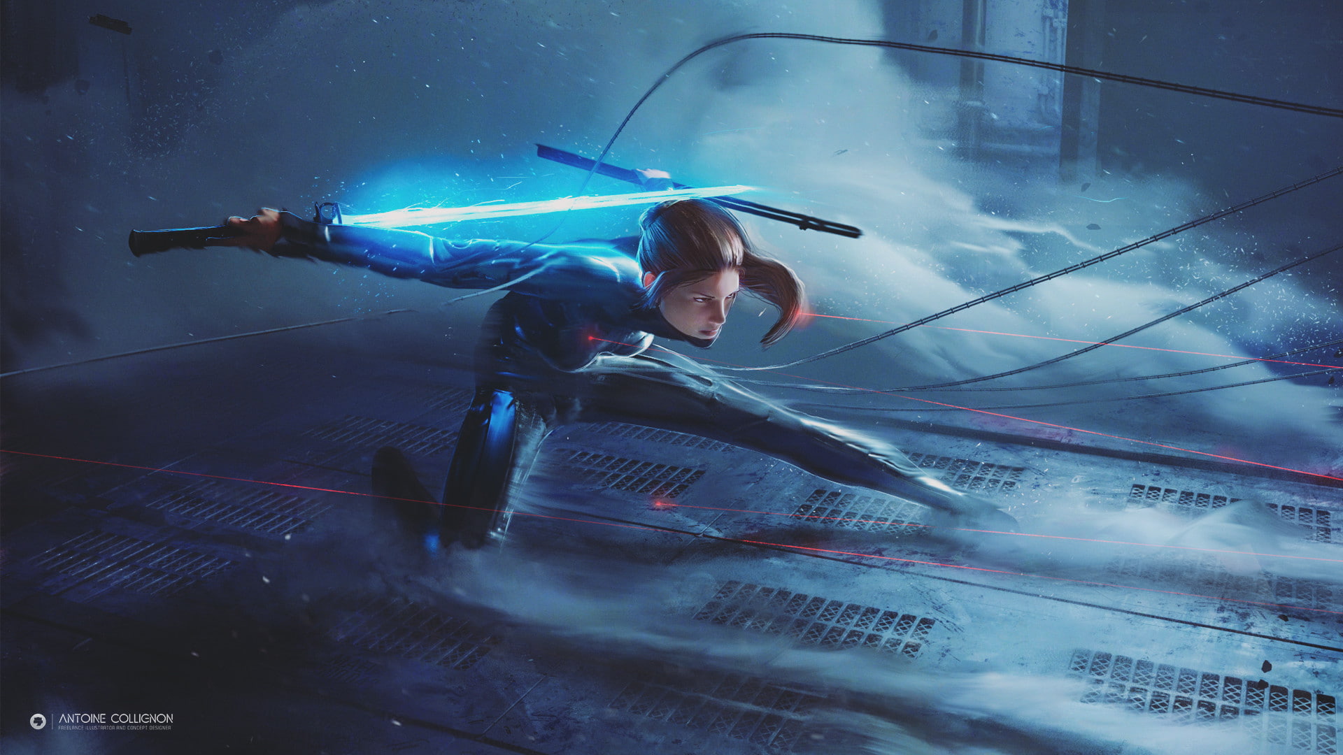 smoke, 1080P, sword, fantasy art, digital art, fantasy girl, Antoine Collignon, futuristic, lightsaber, women, cyberpunk, HD Wallpaper