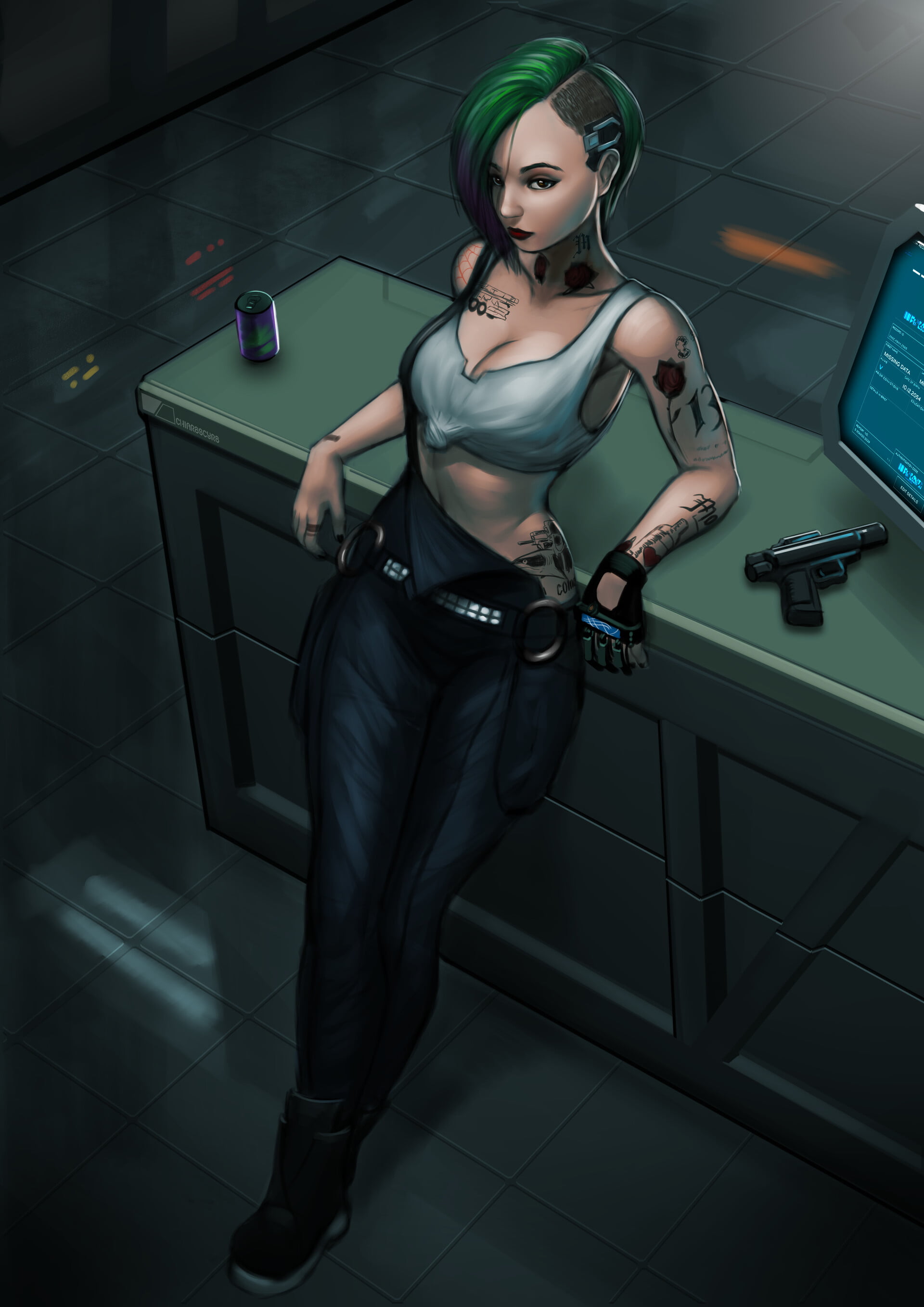 tattoo, women, can, digital art, 2K, artwork, game art, video game girls, Judy Alvarez, Handgun, undercut (hairstyle), portrait display, cleavage, Cyberpunk 2077, Phone HD Wallpaper