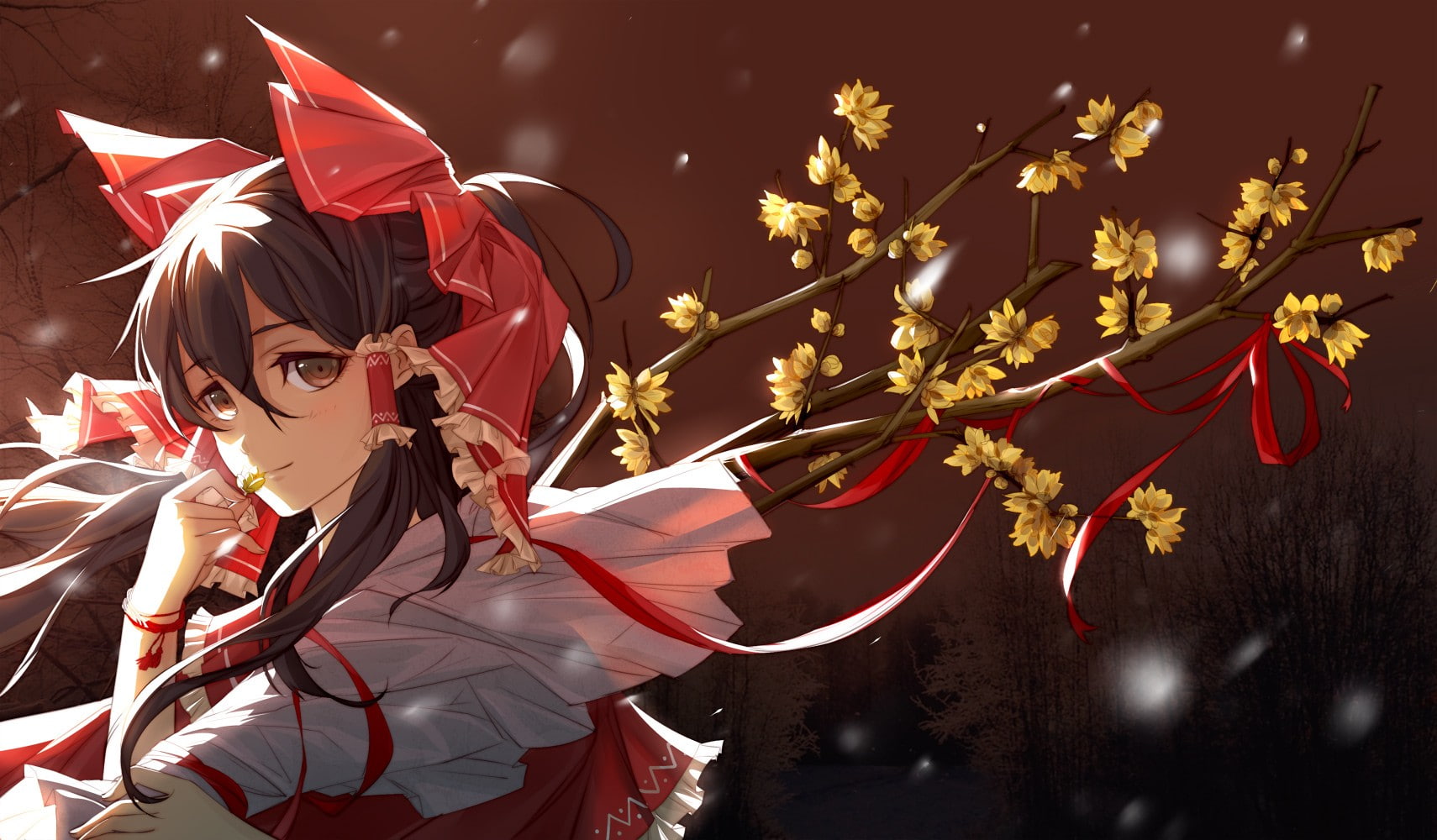 festival, decoration, event, red ribbon, illuminated, front view, standing, females, costume, 720P, night, outdoors, one person, celebration, plant, Hakurei Reimu, HD Wallpaper