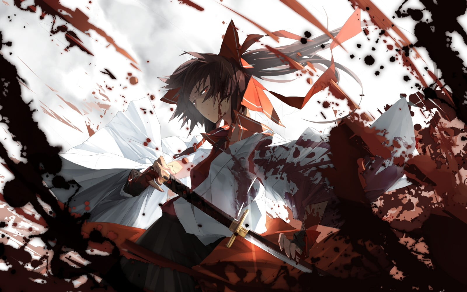 blood, paper, flowering plant, one person, shrine maidens, young women, real people, high angle view, skill, costume, 720P, nature, Touhou, sunlight, character, HD Wallpaper
