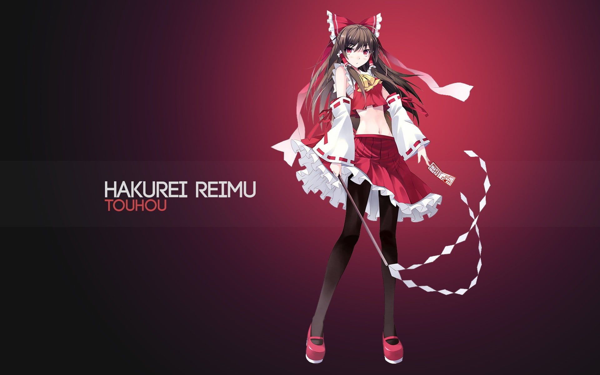 women, motion, Touhou, dancing, artwork, red, young adult, fashion, navels, studio shot, adult, stage, costume, Hakurei Reimu, red ribbon, colored background, HD Wallpaper