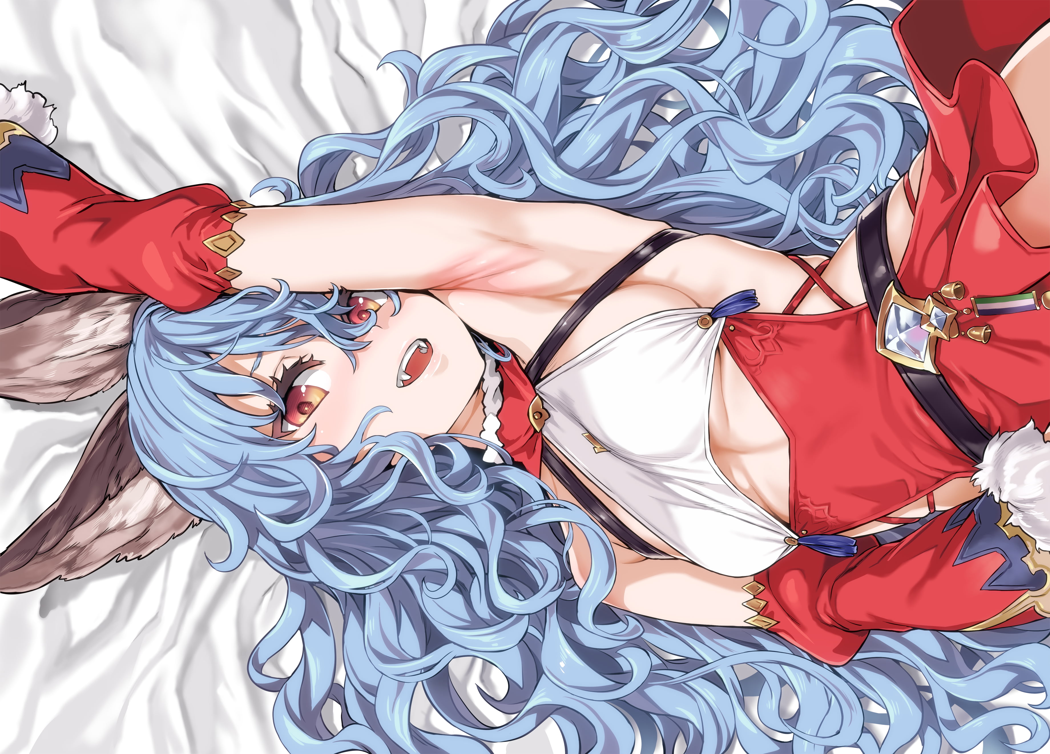 2K, sideboob, Granblue Fantasy, blush, Fang, Ferry (Granblue Fantasy), long hair, animal ears, bed, orange eyes, blue hair, HD Wallpaper