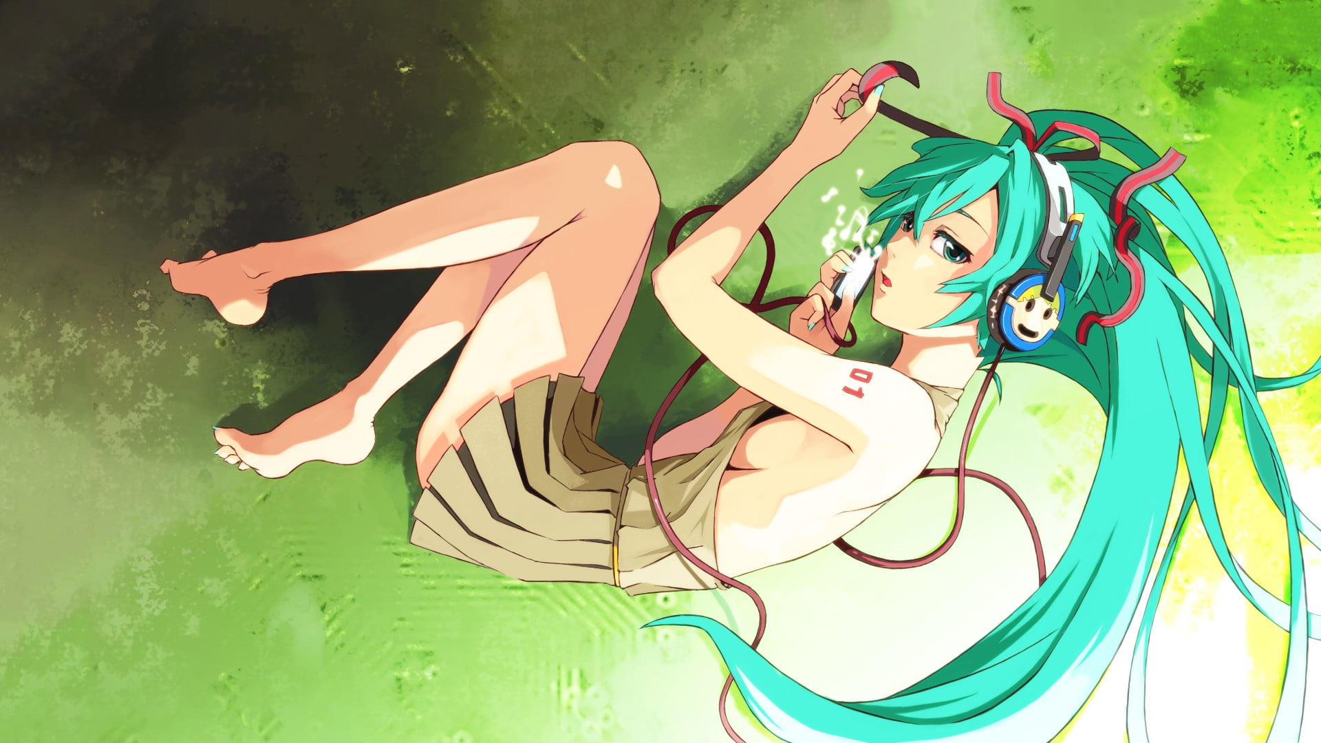 hair ribbon, music player, anime girls, long hair, 1080P, sideboob, headphones, green eyes, dress, Vocaloid, green hair, lying down, twintails, Hatsune, HD Wallpaper