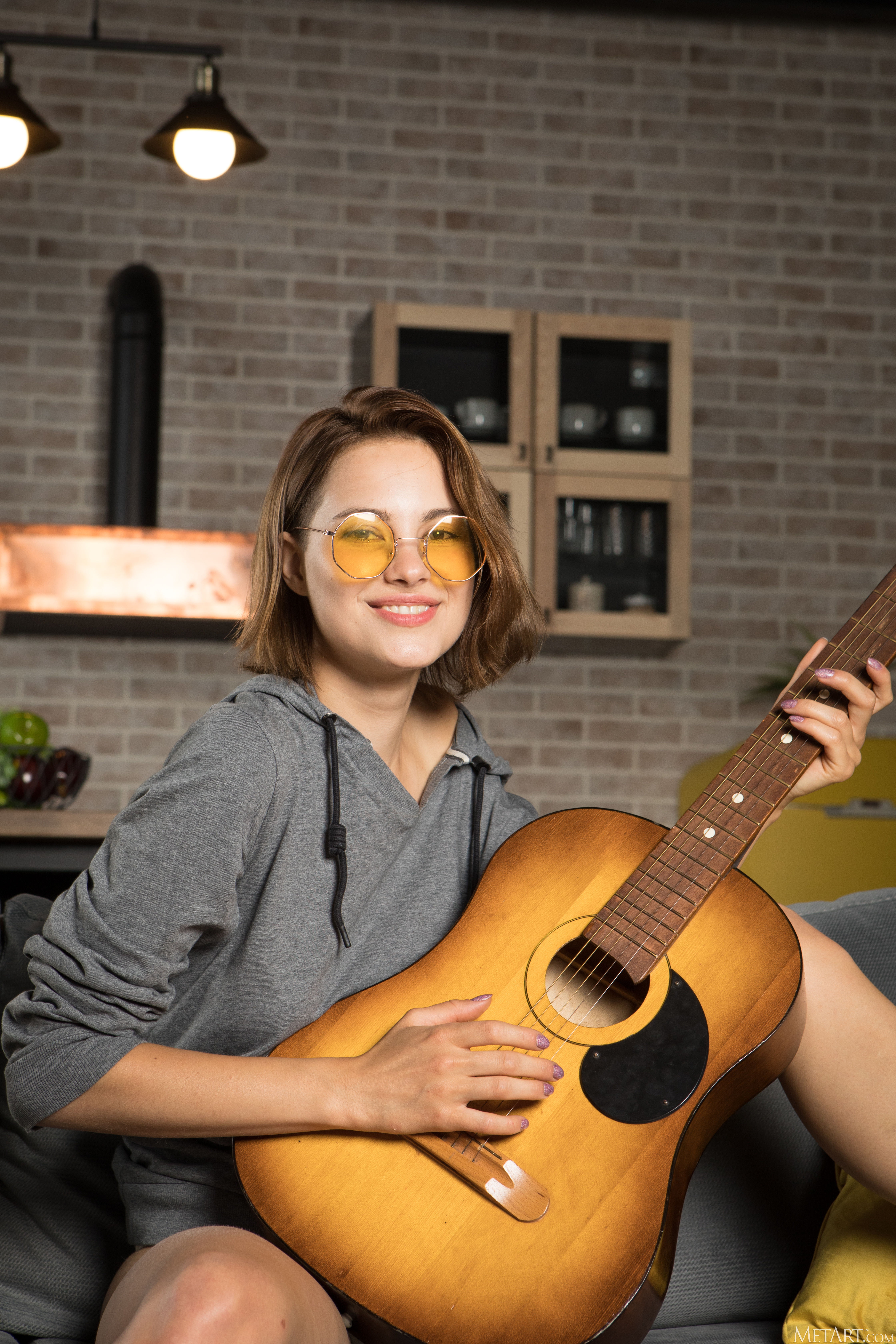 brunette, couch, glasses, short hair, women indoors, cushions, women, sideboob, guitar, MetArt Magazine, Diana Jam, fridge, 5K, vulva, long shirt, living, Phone HD Wallpaper