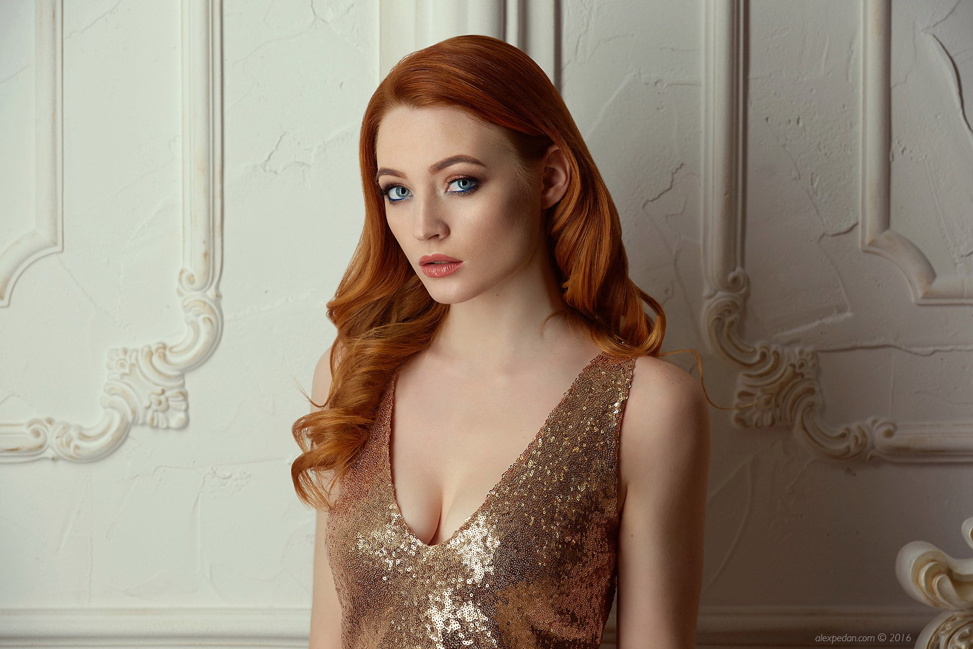 beautiful woman, Alexey Pedan, one person, headshot, women, blue eyes, dyed red hair, redhead, young women, front view, sideboob, elegance, dress, cleavage, HD Wallpaper