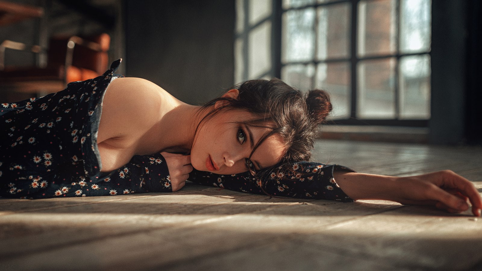 emotion, beauty, Venera Ray, on the floor, beautiful woman, brunette, hairstyle, no bra, long, lying on front, lying down, sleeved, shirt, white, young adult, HD Wallpaper