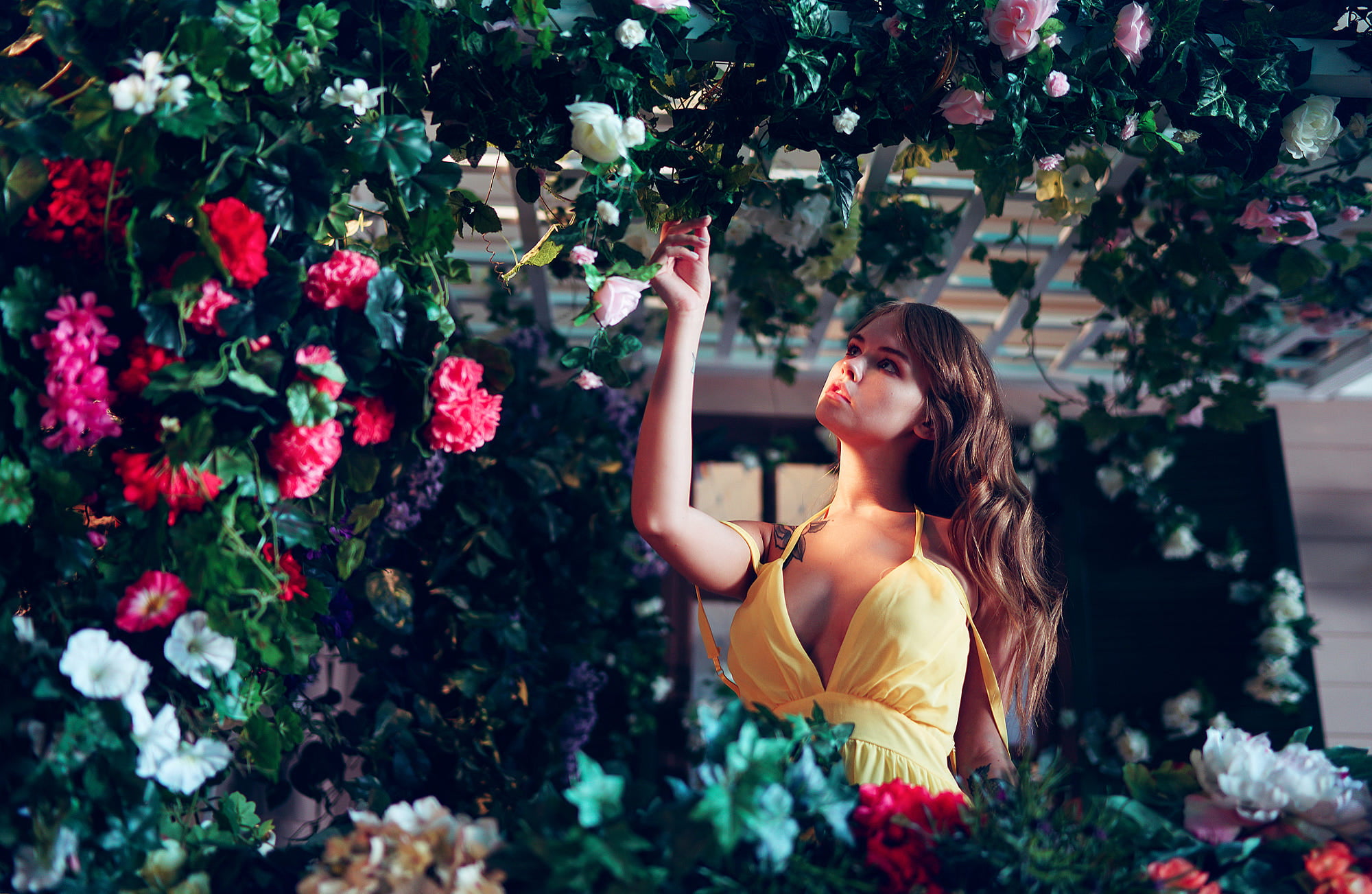young women, sideboob, flower, flowering plant, nature, dress, fragility, beautiful woman, vulnerability, young adult, leisure activity, outdoors, long hair, HD Wallpaper