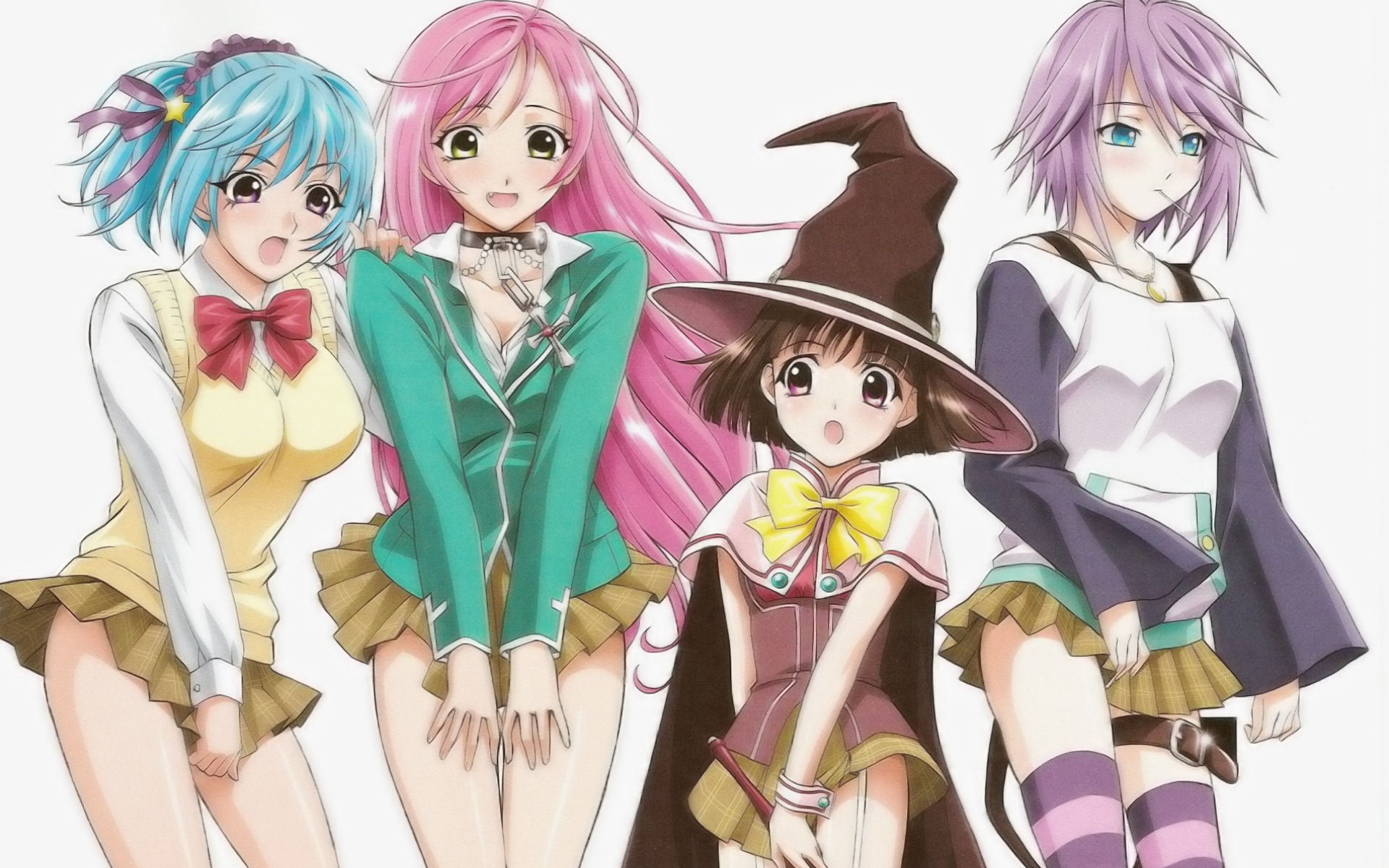 mizore, kurono, moka, kurumu, akashiya, shirayuki, vampire, skirts, 1080P, rosario, legwear, striped, HD Wallpaper
