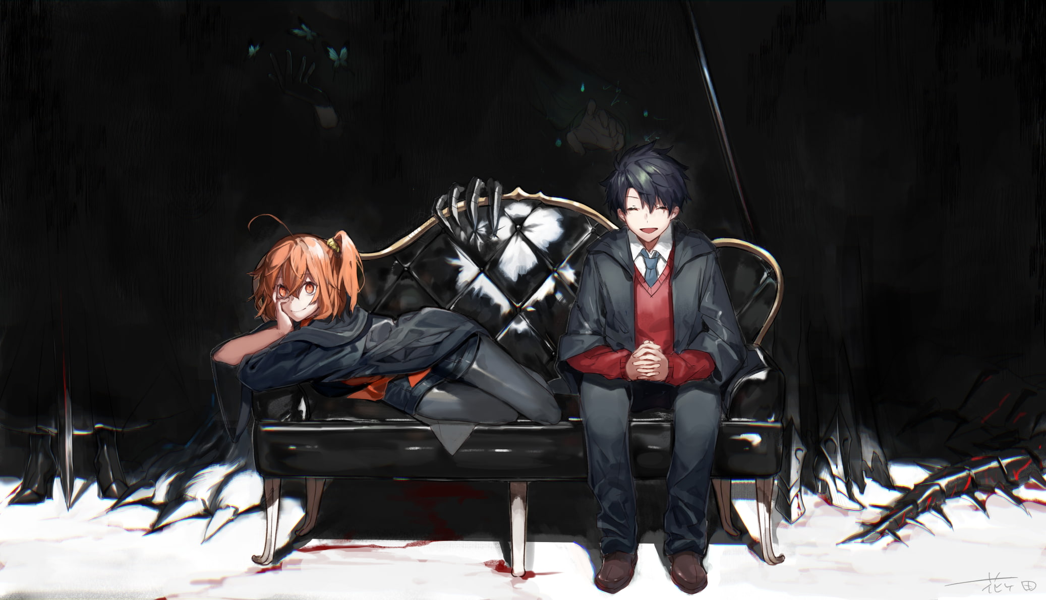 couch, black background, people, gudako, ritsuka fujimaru, fate grand order, men, young adult, males, chair, business, Anime, well-dressed, mature adult, HD Wallpaper