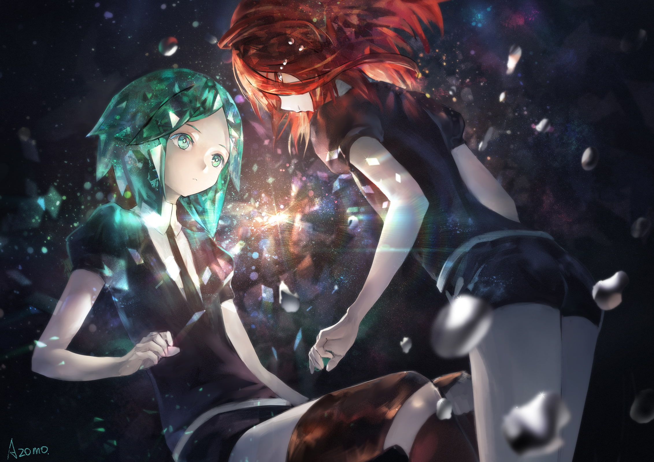 phosphophyllite, tie, cinnabar, avamone, green, 1080P, shorts, signed, kuni, houseki, konachan, red, short, com, hair, eyes, 253917, anthropomorphism, HD Wallpaper