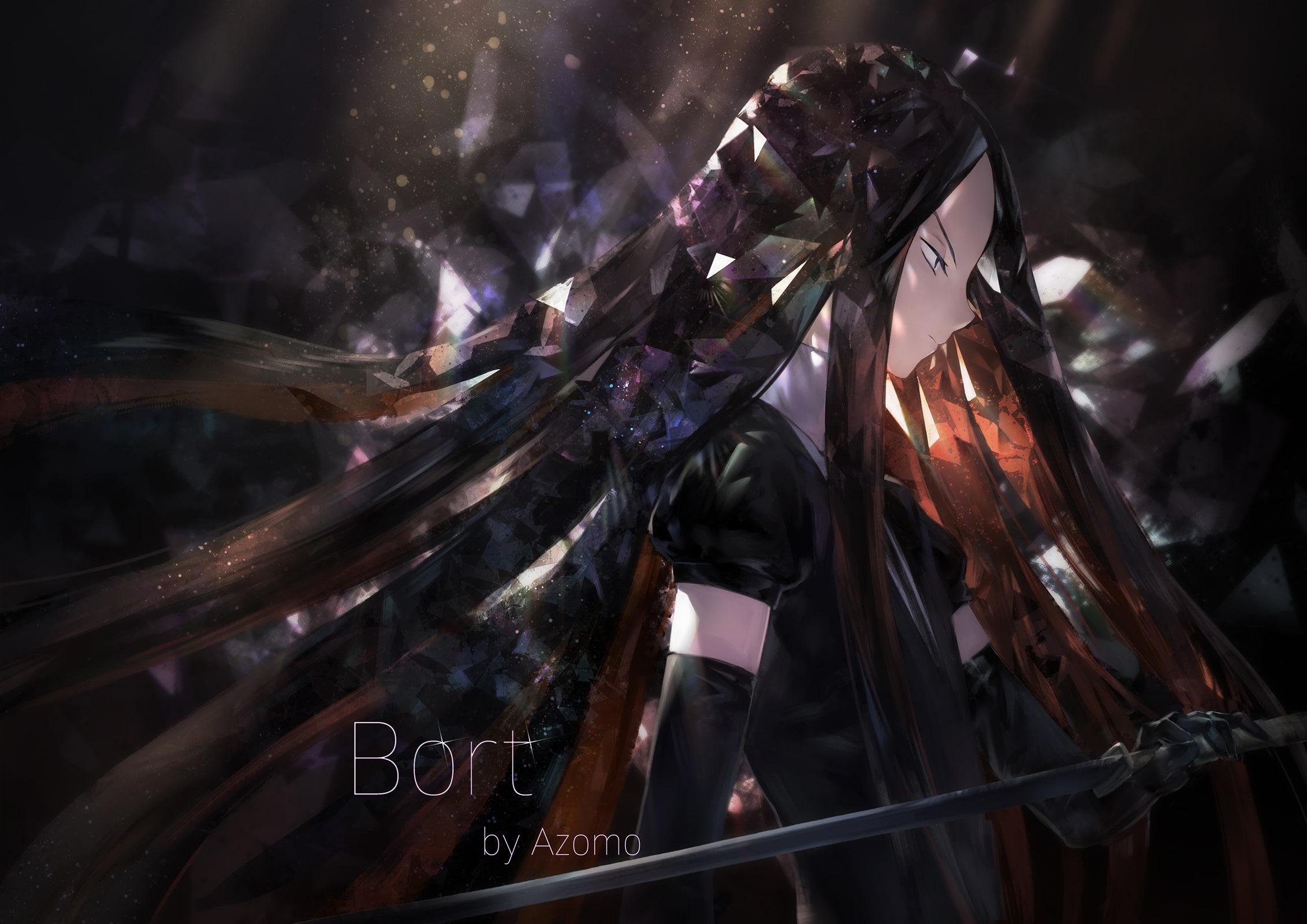 konachan, sword, elbow, kuni, 253683, avamone, houseki, katana, black, anthropomorphism, 1080P, weapon, com, watermark, suit, hair, bort, long, gloves, HD Wallpaper