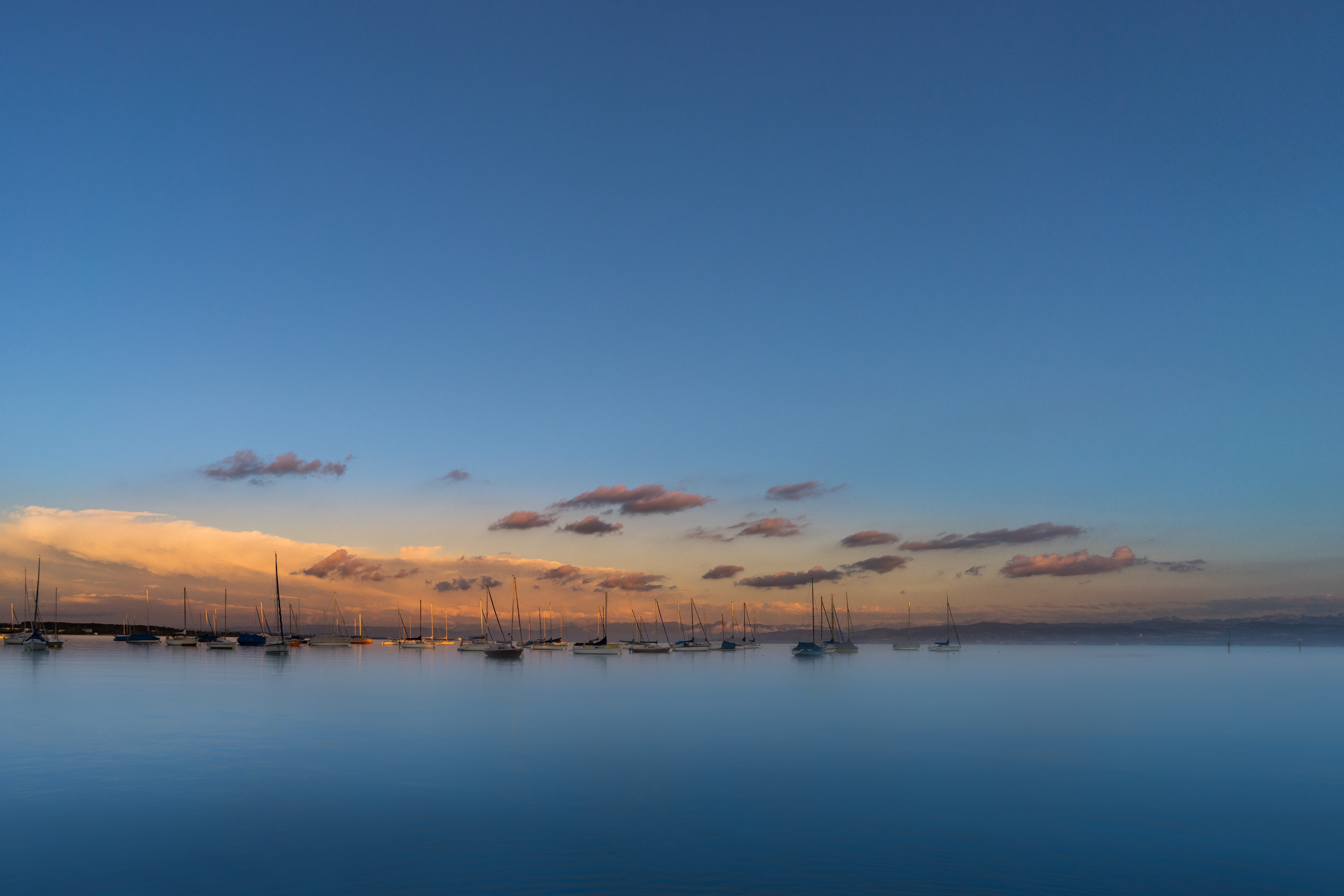 blue sky, boot, screen background, sunset, mole, background, summer, photography, water, tranquility, 5K, pier, sailboats, desktop background, body, blue, HD Wallpaper