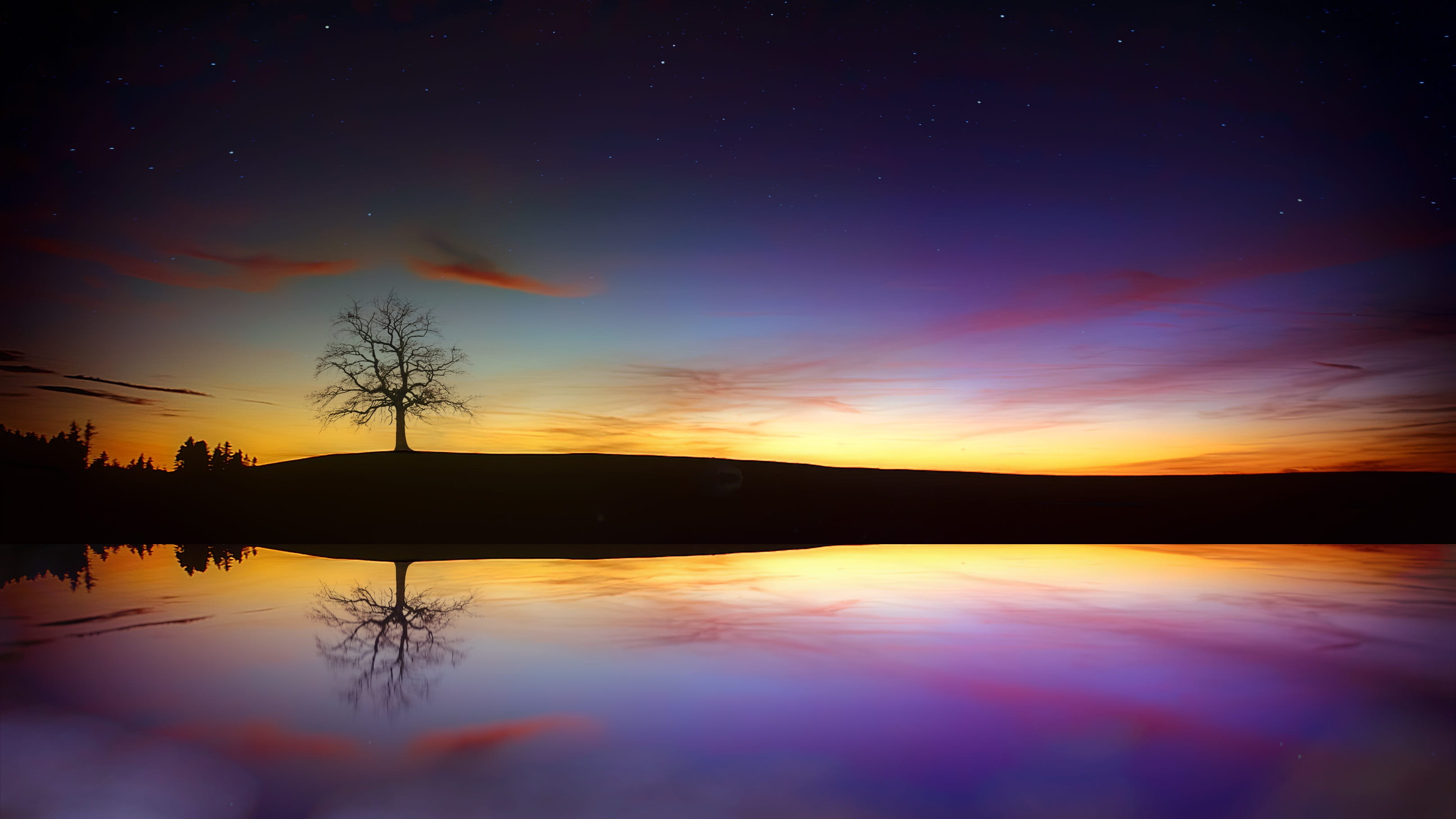 background image, tranquility, landscape, blue, sky, star, tranquil scene, reflection lake, outdoors, star - space, plant, mood, weather mood, no people, HD Wallpaper