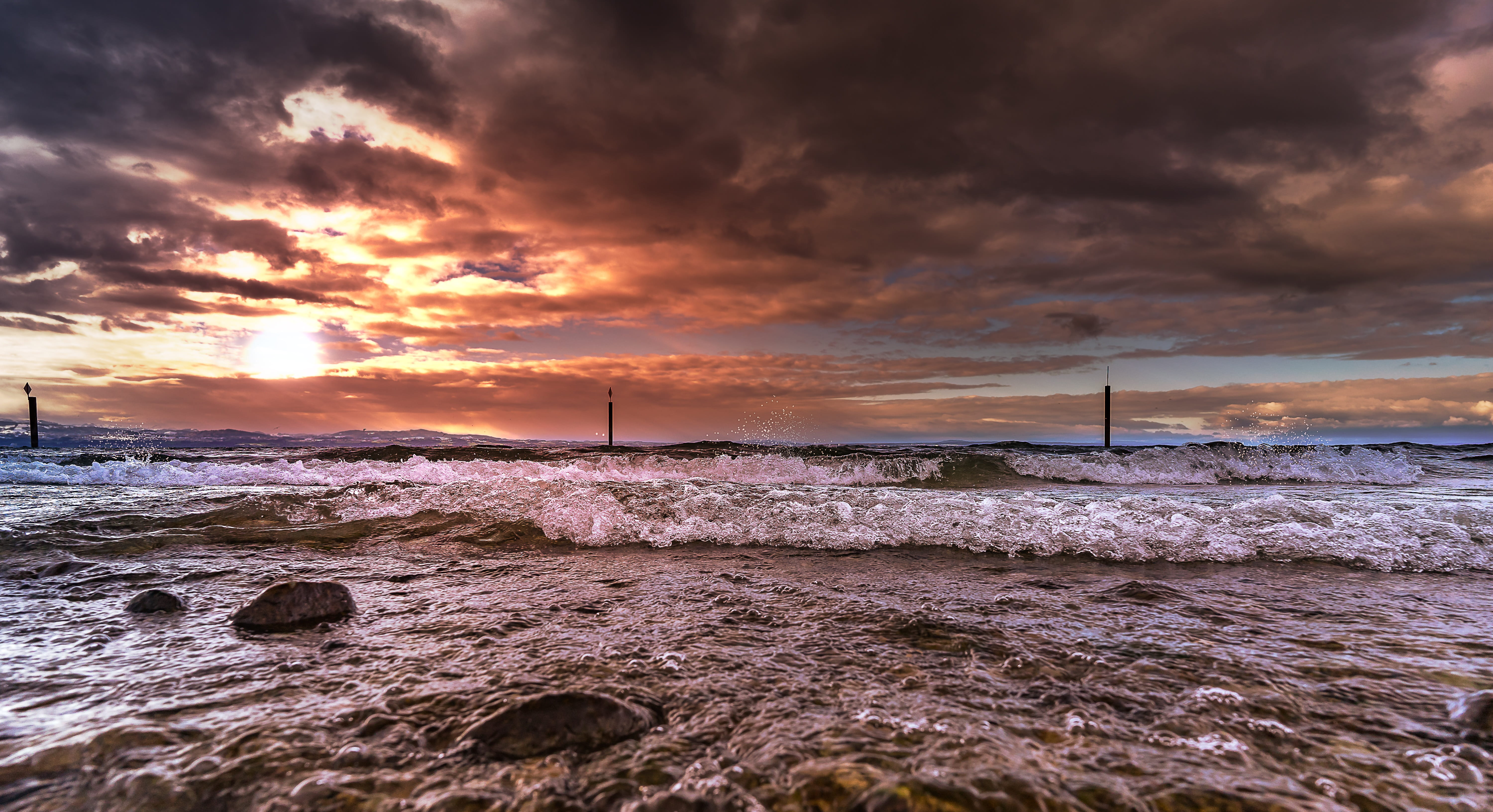 desktop background, mood, scenics - nature, sunset, evening, nature, beach, dusk, wave, orange, landscape, horizon, environment, afterglow, cloud - sky, HD Wallpaper