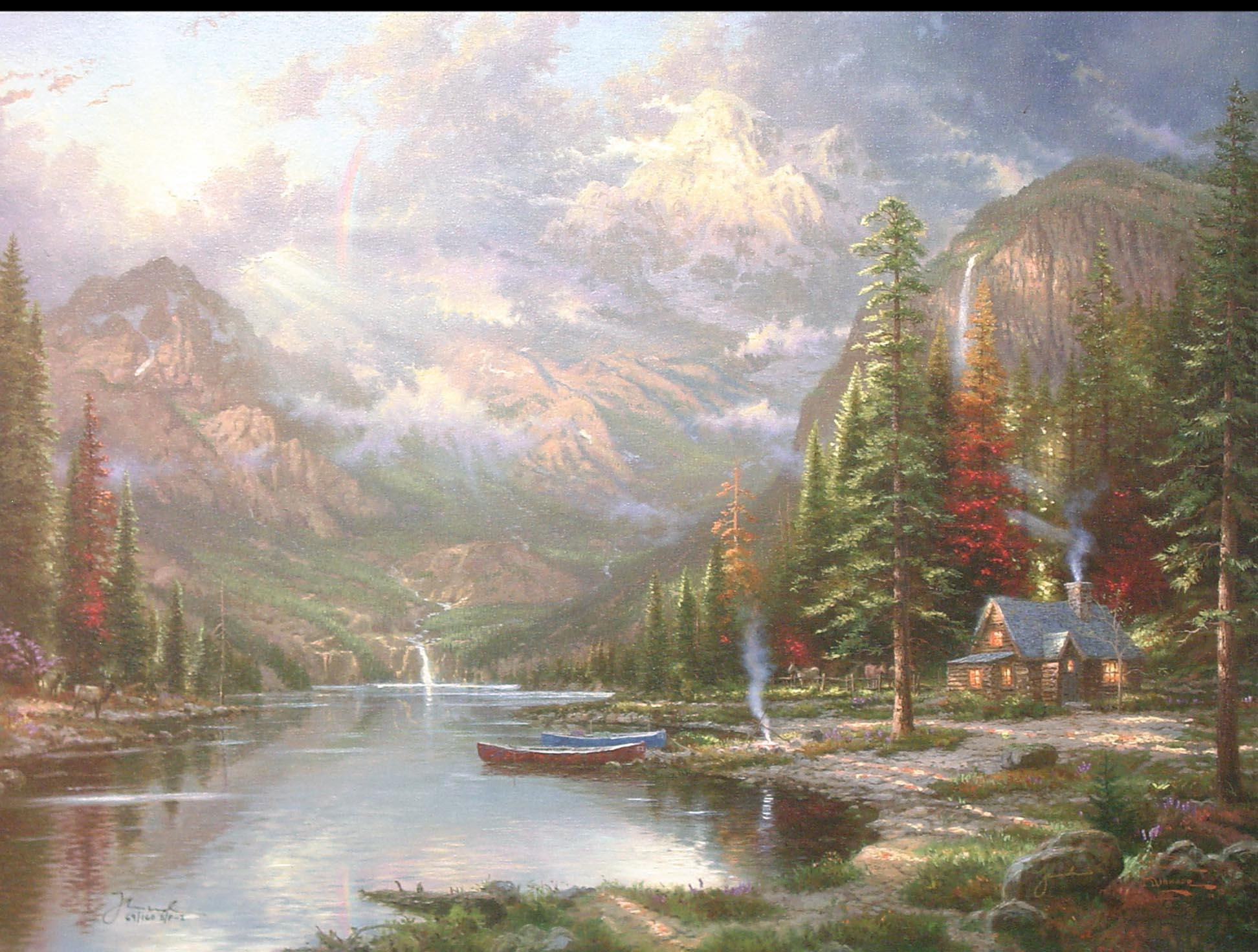 lake, majesty, falls, camp, mountains, mountain, fire, canoe, pines, 1080P, cabin, 3d and abstract, HD Wallpaper