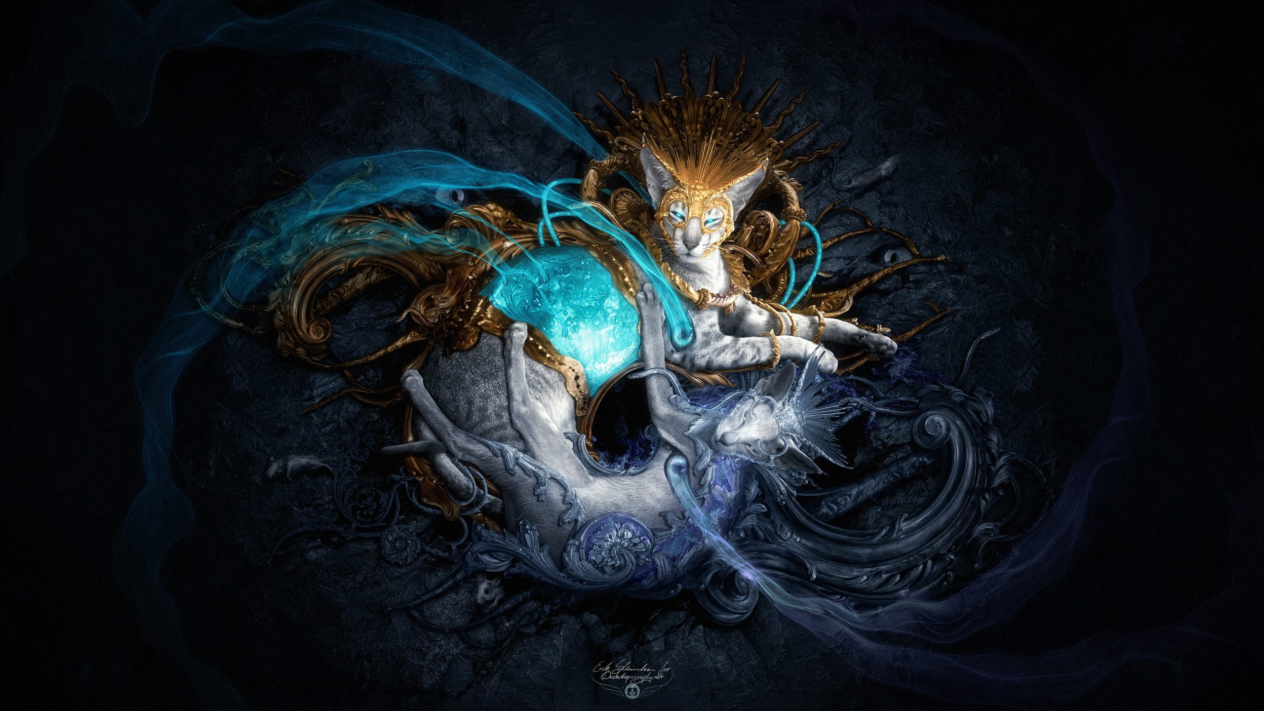 dark background, glow, the eye and her majesty, 2K, cats, mask, Desktopography, HD Wallpaper