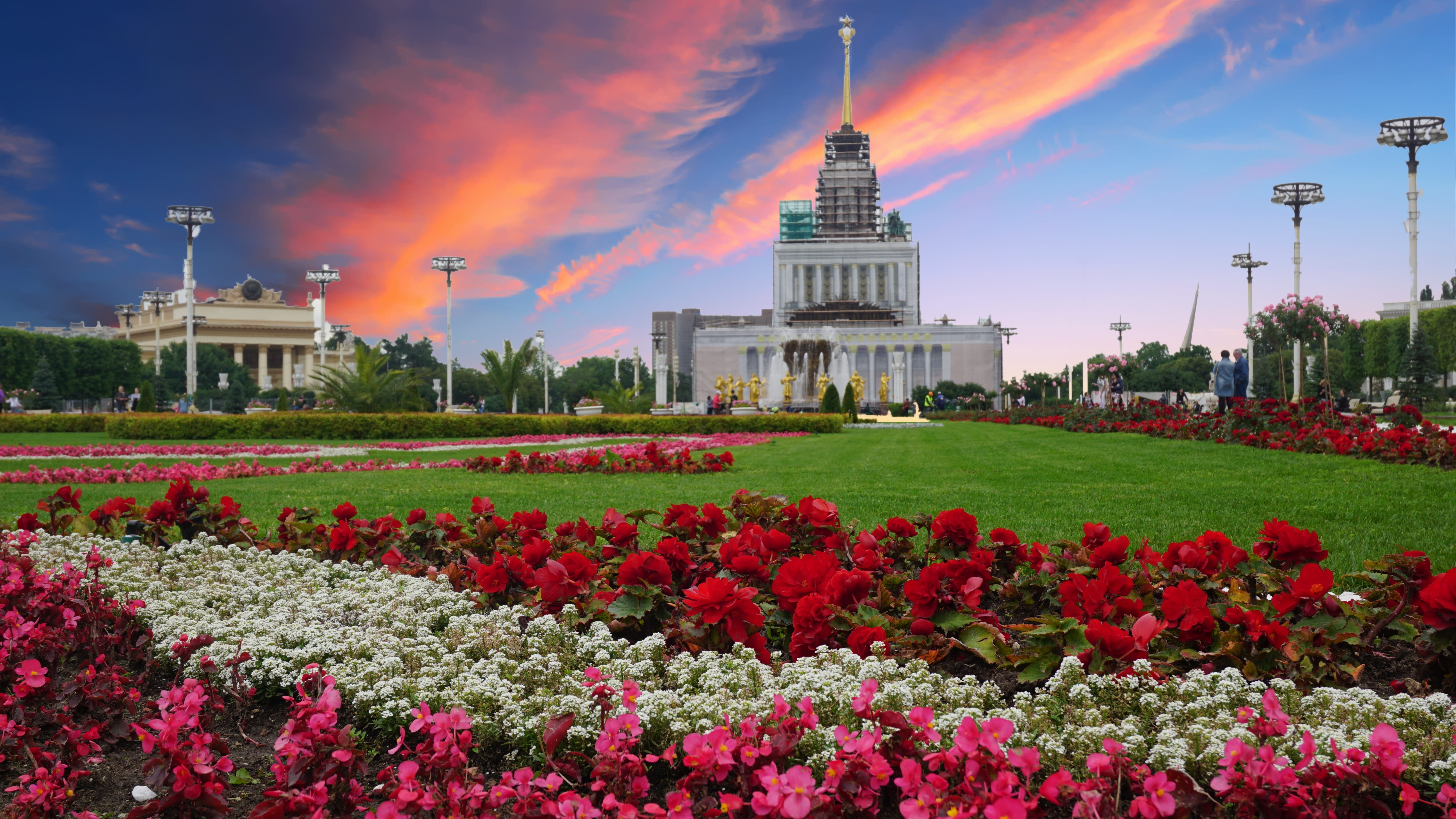 sunset, skyscraper, sky, high, america, construction, town, flowerbed, travel, landscape, flower, landmark, outdoors, building, tourism, nature, red, city, HD Wallpaper