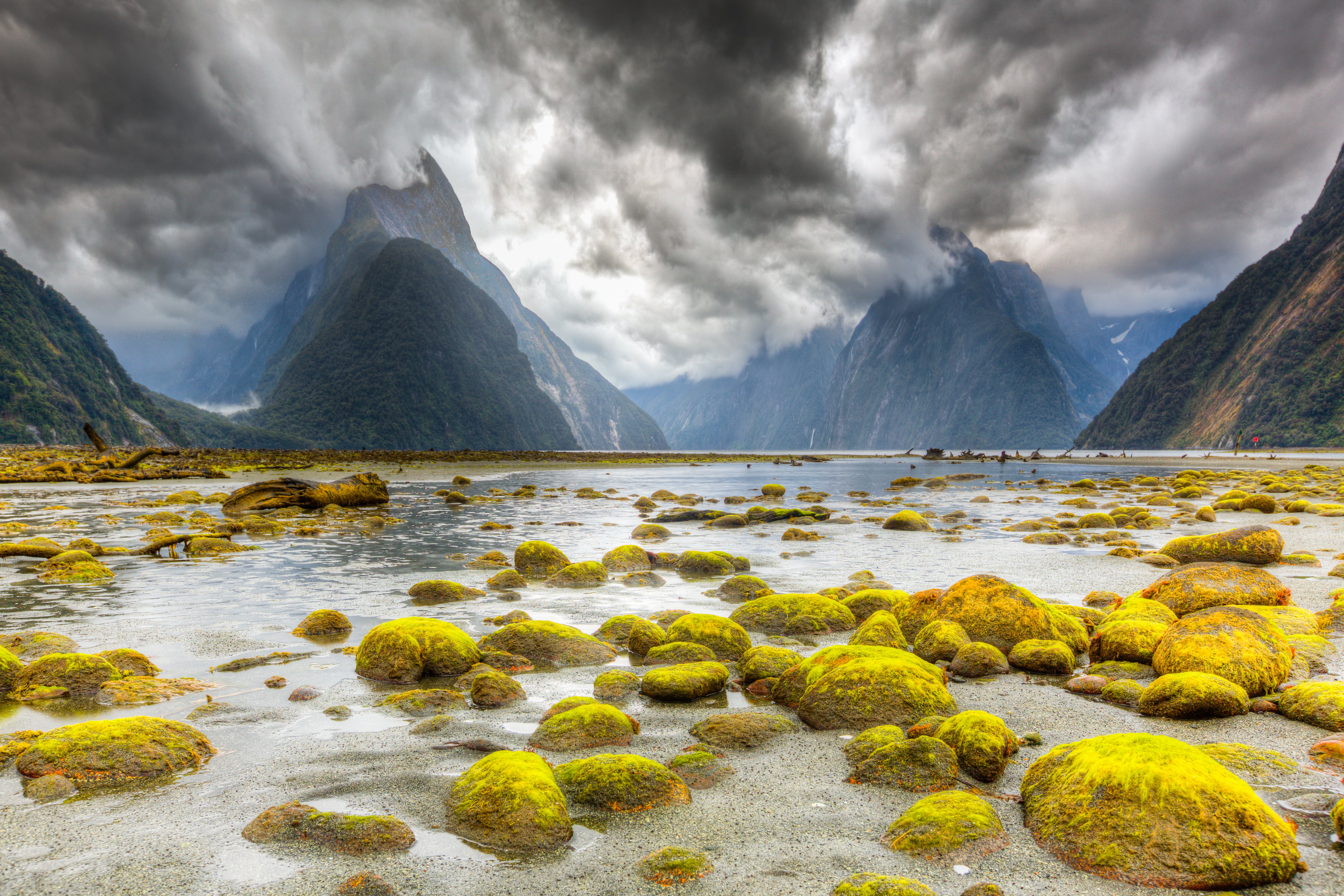 rock, outdoors, water, 4K, sea, solid, rock - object, Milford Sound, the fjord, The Fiordland national Park, scenics - nature, mountain range, cloud - sky, HD Wallpaper