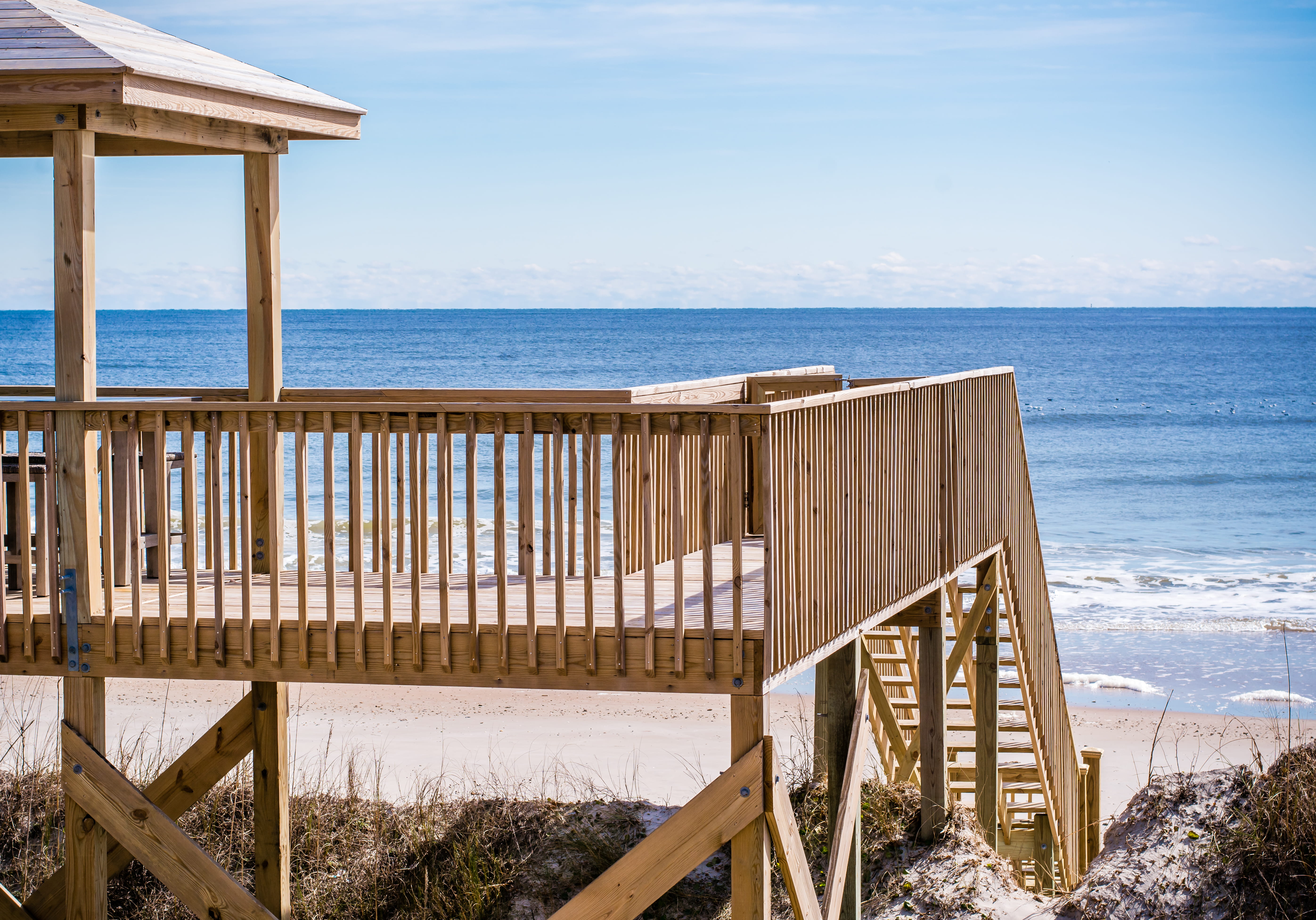 nc, 5K, scenics - nature, board walk, wood - material, horizon over water, north topsail beach, architecture, topsail, ocean, sky, water, outdoors, coast, HD Wallpaper