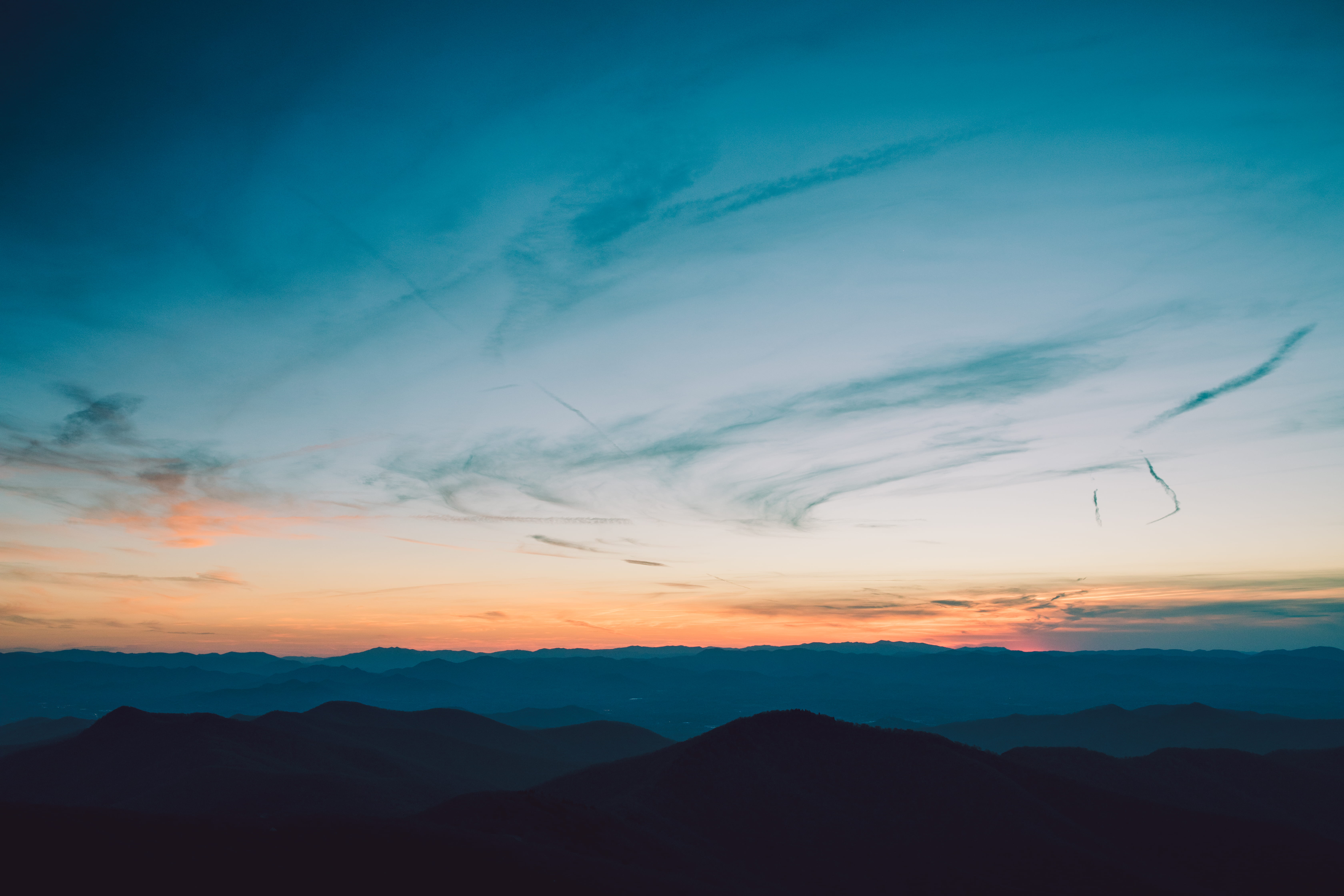 sky, aerial, sunset, environment, outdoor, cloud, blue ridge mountain, dawn, dusk, 5K, nc, sunrise, view, mountains, tranquility, blue hour, idyllic, orange color, HD Wallpaper