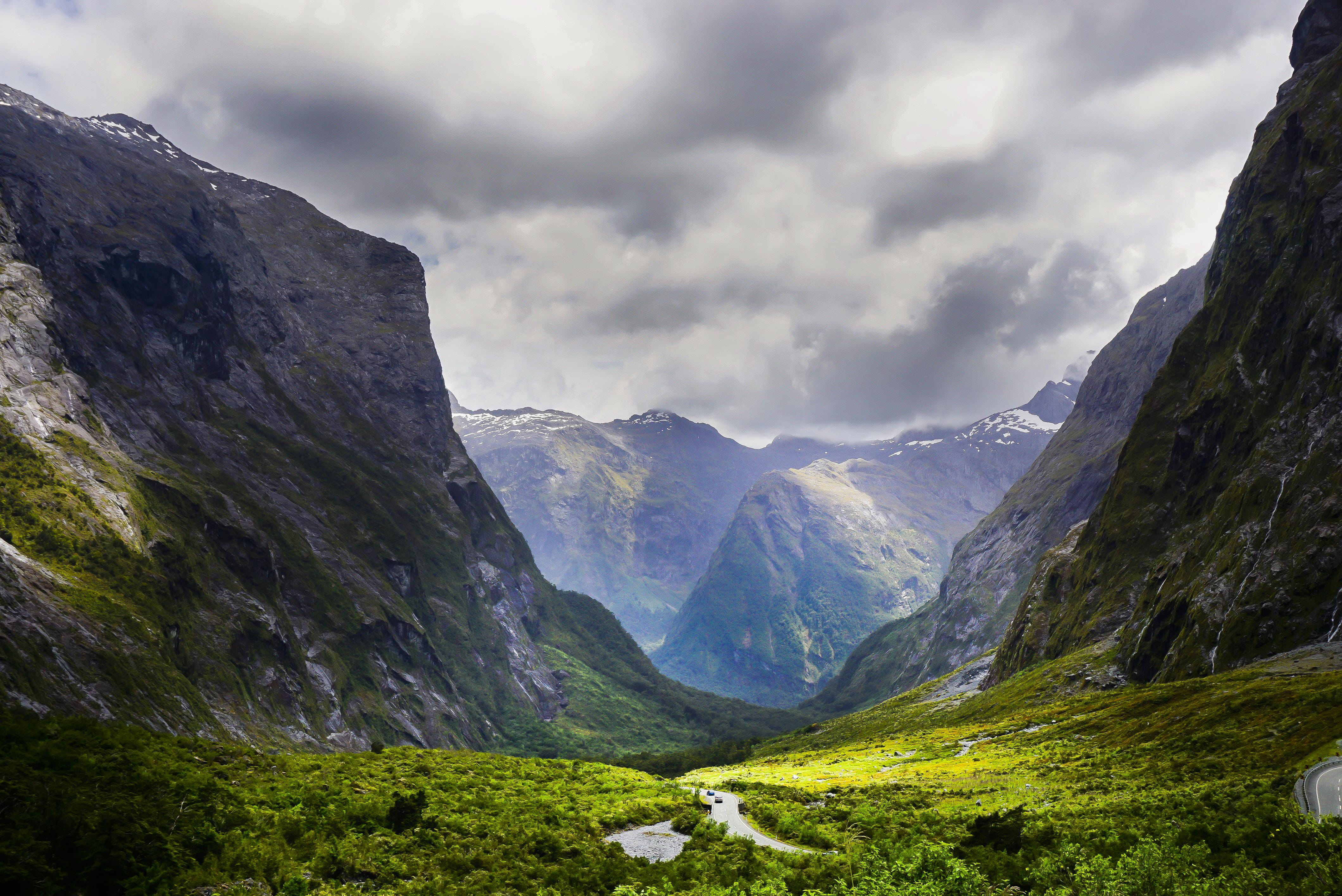 mountain peak, snowcapped mountain, drive, landscape, mountains, tranquil scene, milford sound highway, new zealand, no people, 4K, roadtrip, snow dusted, HD Wallpaper