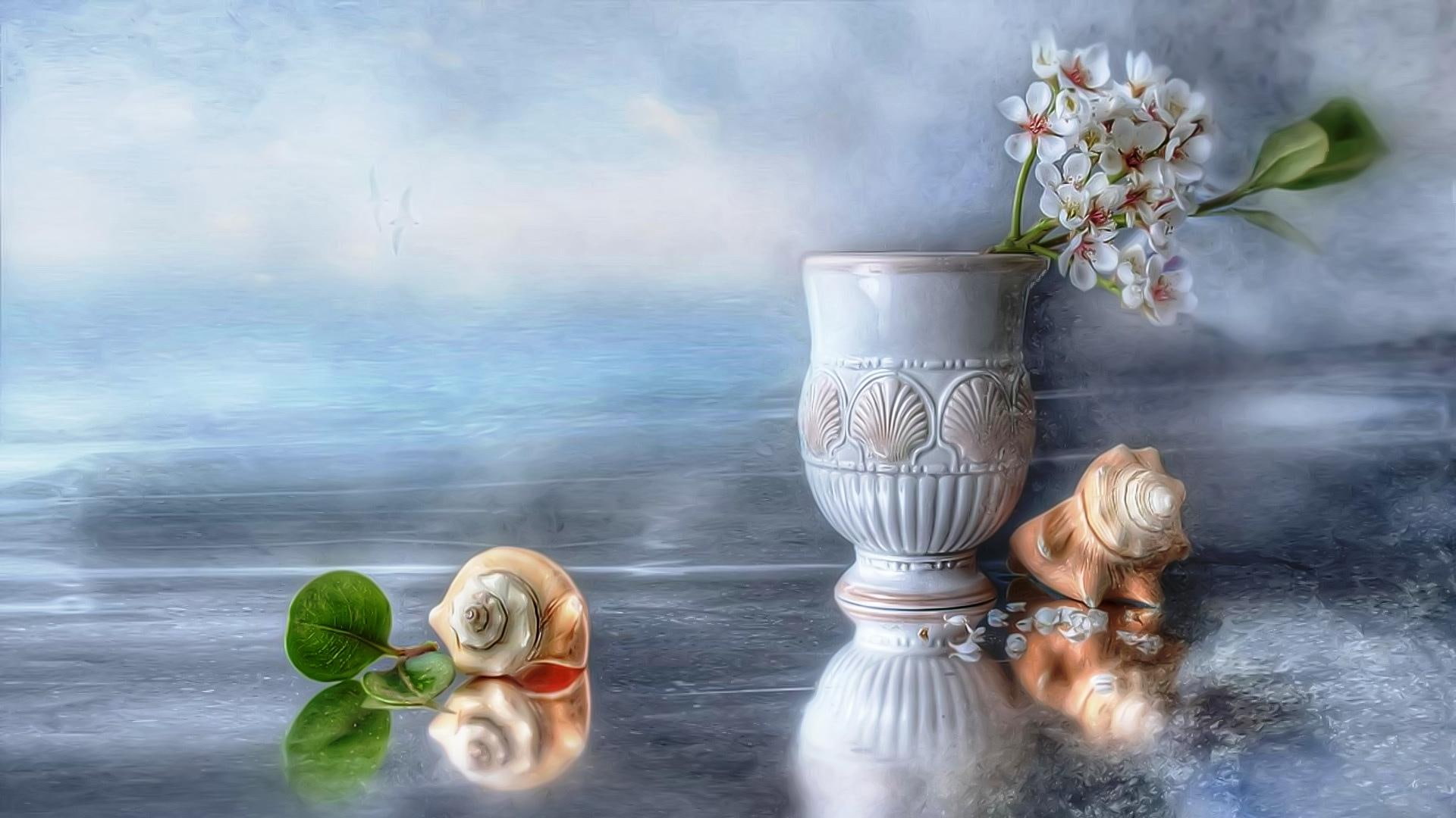 table, style, life, foggy, nice, petals, artistic, nacre, background, flowers, picture, widescreen, tidiness, 1080P, HD Wallpaper