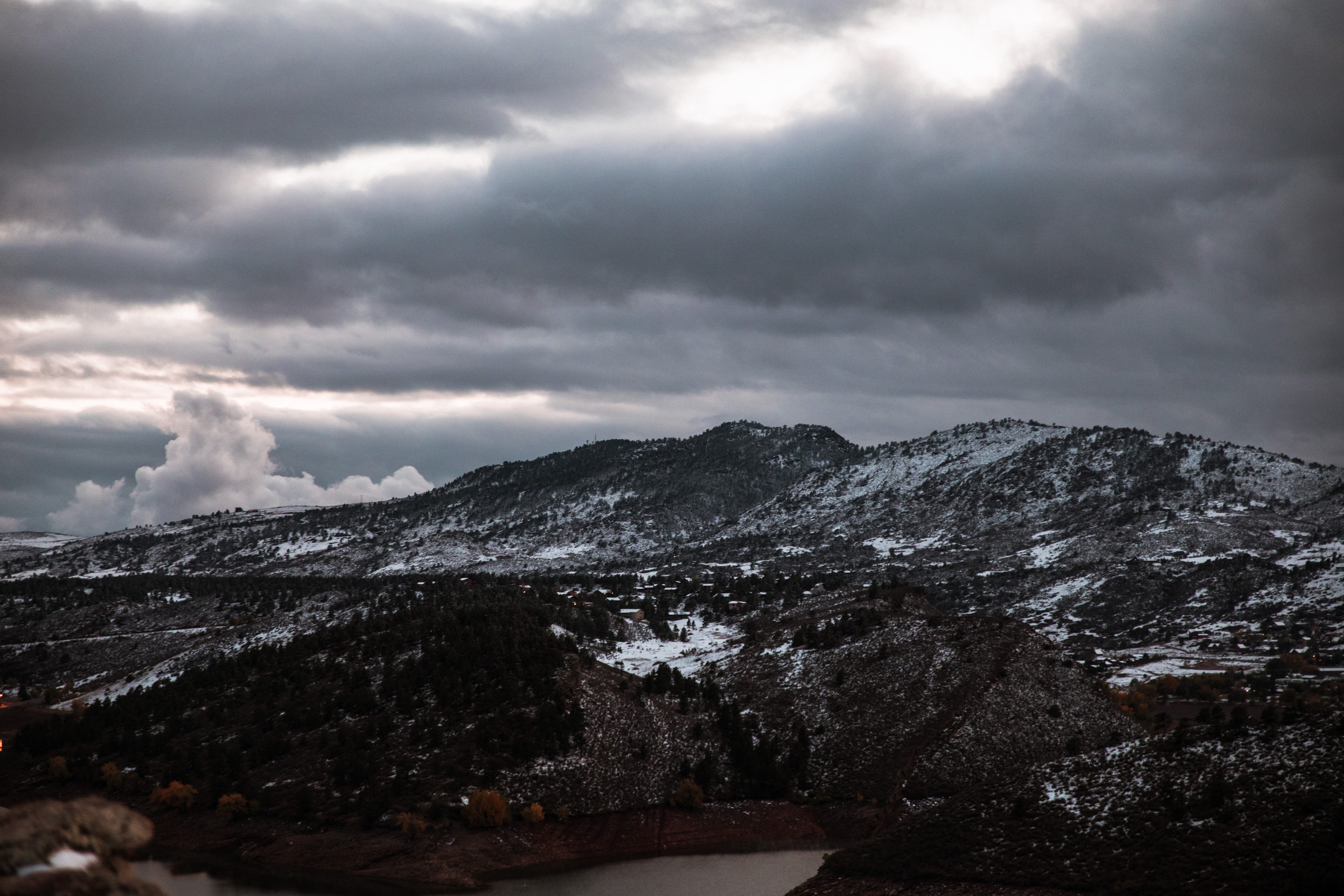 winter, snowcapped mountain, horsetooth, non-urban scene, no people, view, mountain range, lake, trees, fort collins, nature, 5K, sky, landscape, background, HD Wallpaper