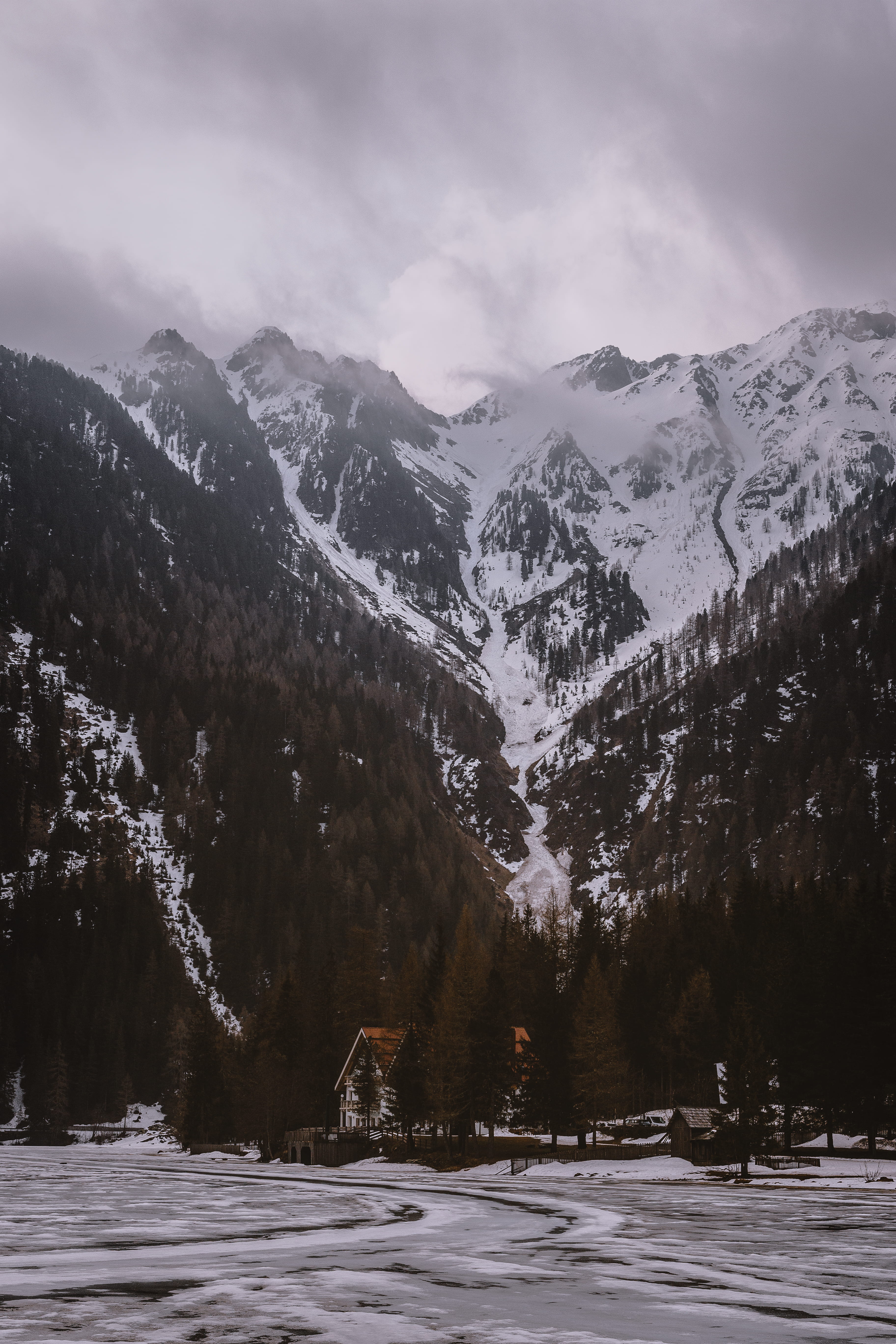 plant, 5K, cloudy, ice, tranquil scene, pond, purple, snowcapped mountain, cold temperature, tree, cloud, mountain, tranquility, cold, winter, storm, mountain range, Phone HD Wallpaper