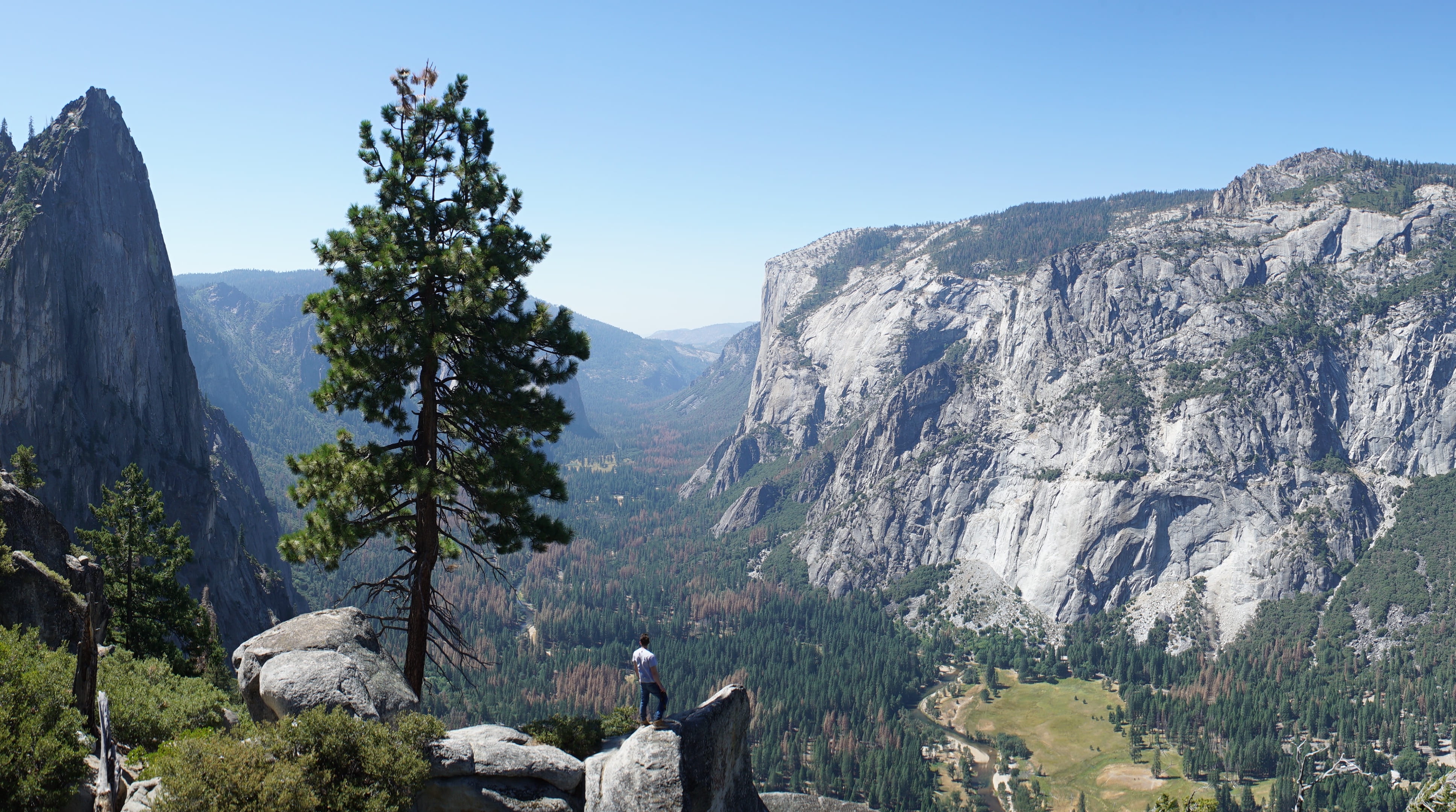 mountain peak, environment, river, yosemite, scenics - nature, near, leafed, panorama, fall, mountain, mountian, rock - object, tree, leisure activity, HD Wallpaper