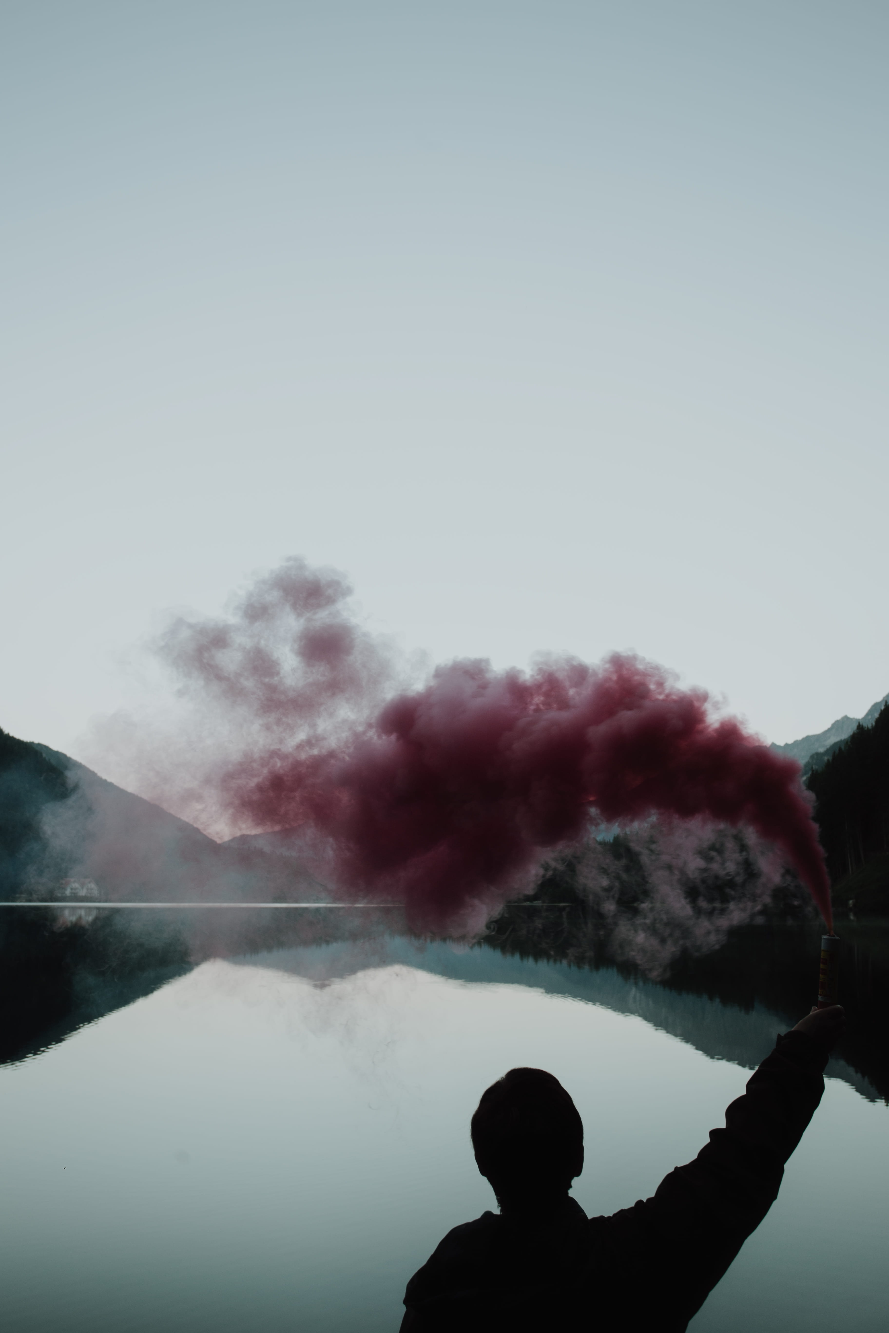 red, one Person, fog, nature, danger, silhouette, sky, mountian, blue hour, smoke, outdoors, color Image, reflection, person, cloud - Sky, people, men, Phone HD Wallpaper