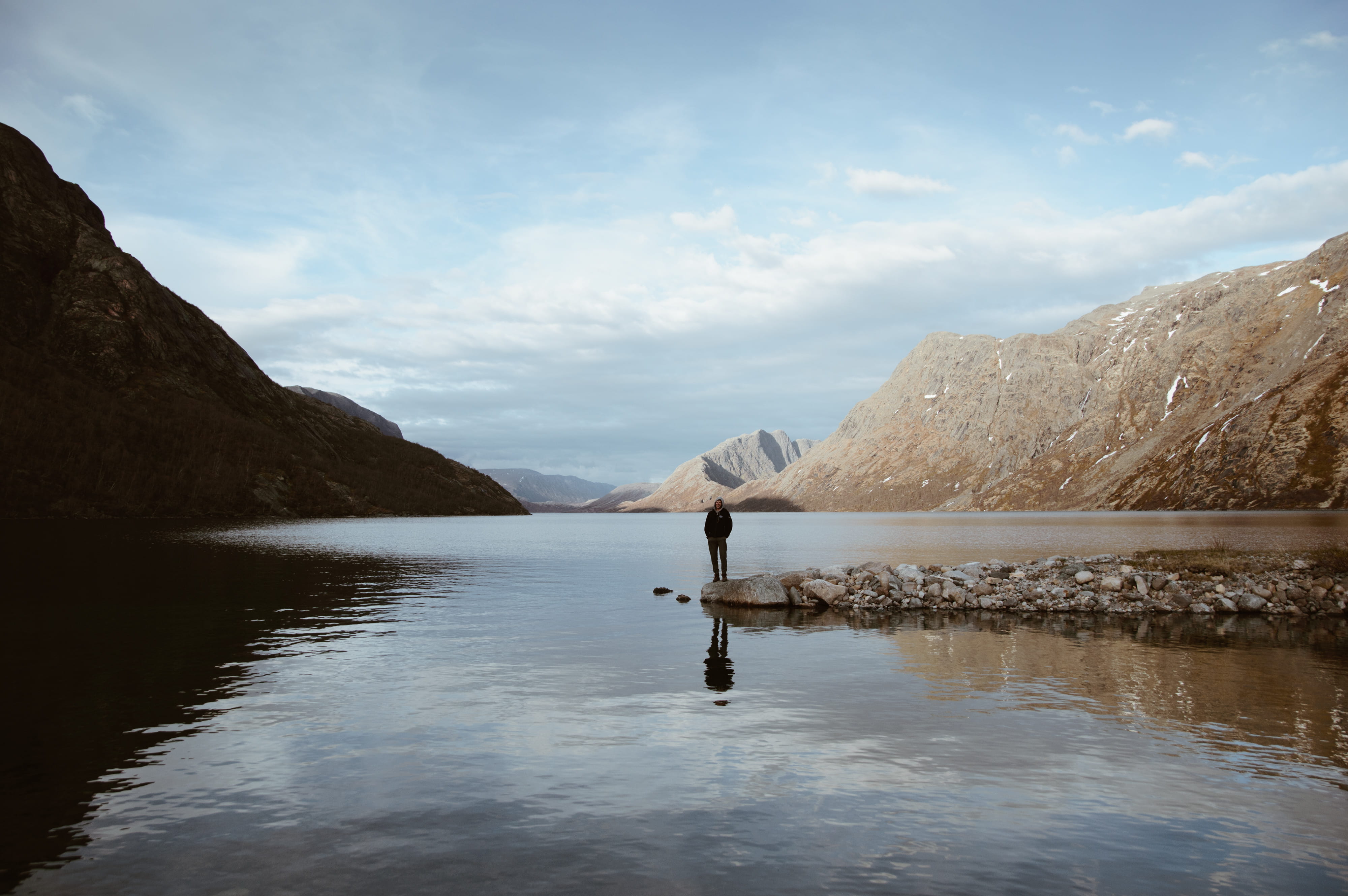 leisure activity, sky, cloud - sky, reflection, beauty in nature, norway, guy, climb, man, waterfront, forest, eveneing, deep water, day, tranquility, mountain range, HD Wallpaper